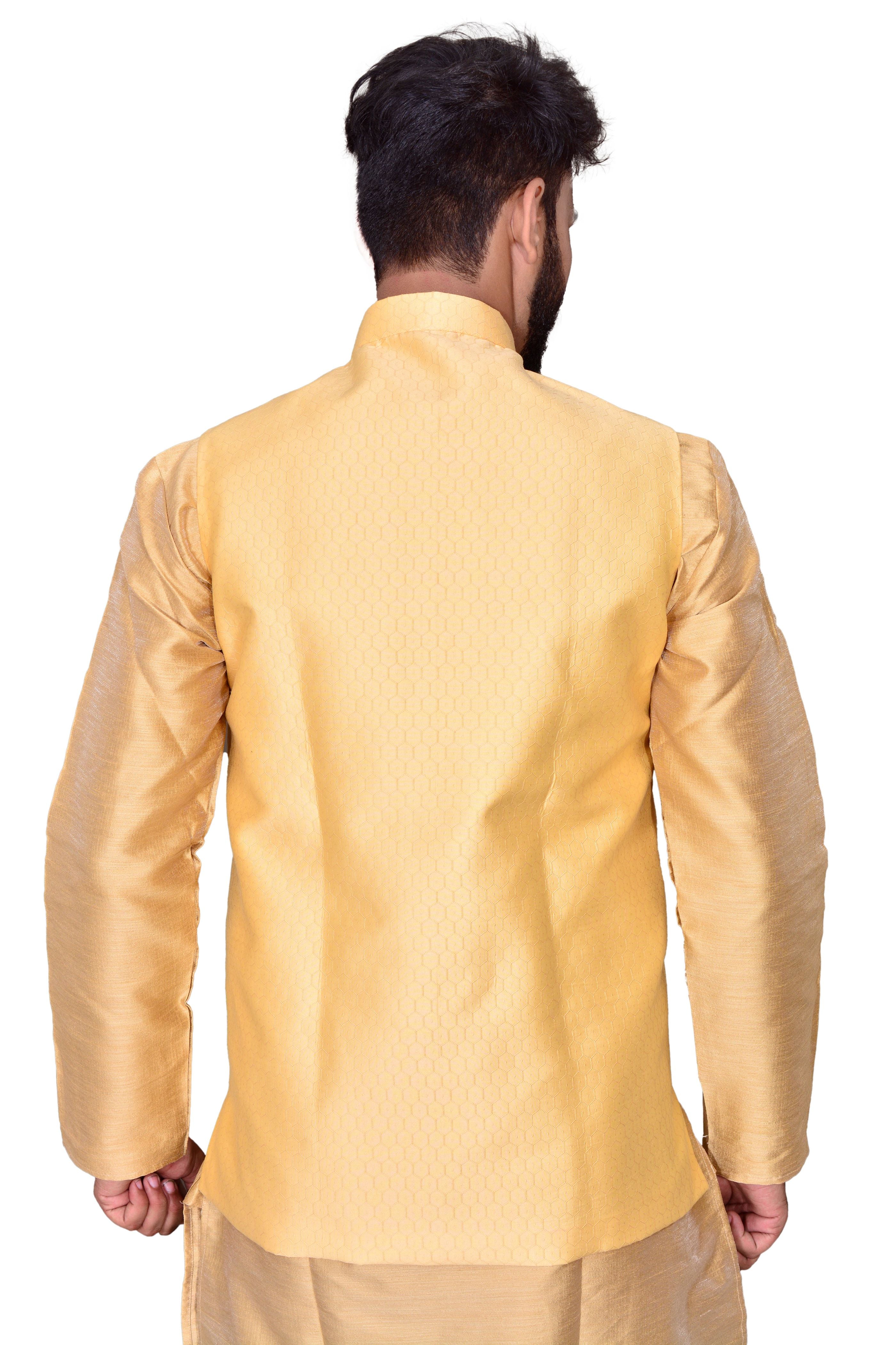 Yellow Cotton Silk Self Design Nehru Jacket For Men