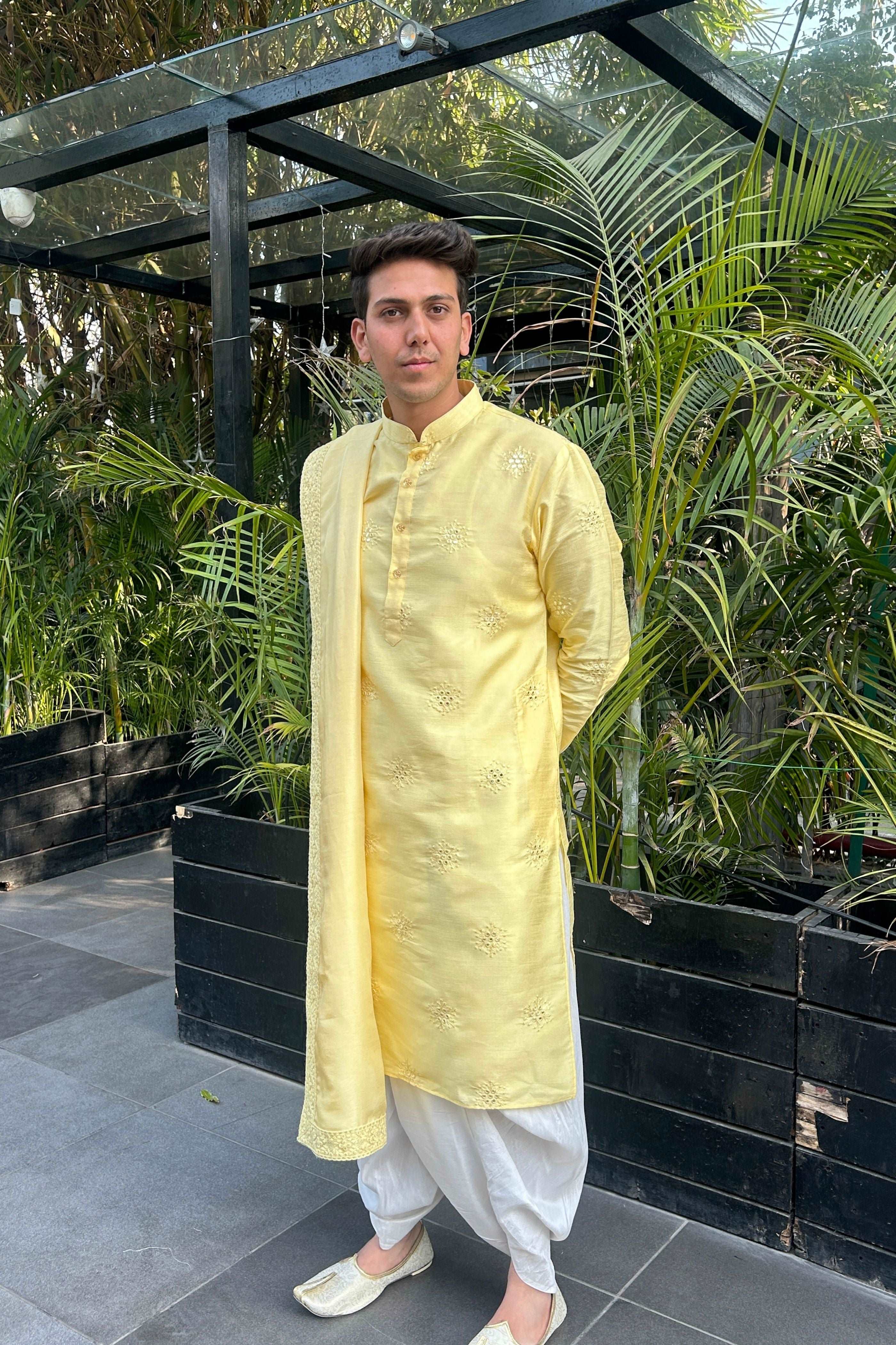 Men's Handwork Silk Mirror Kurta & Dhoti & Dupatta Churidar Pyjama Set