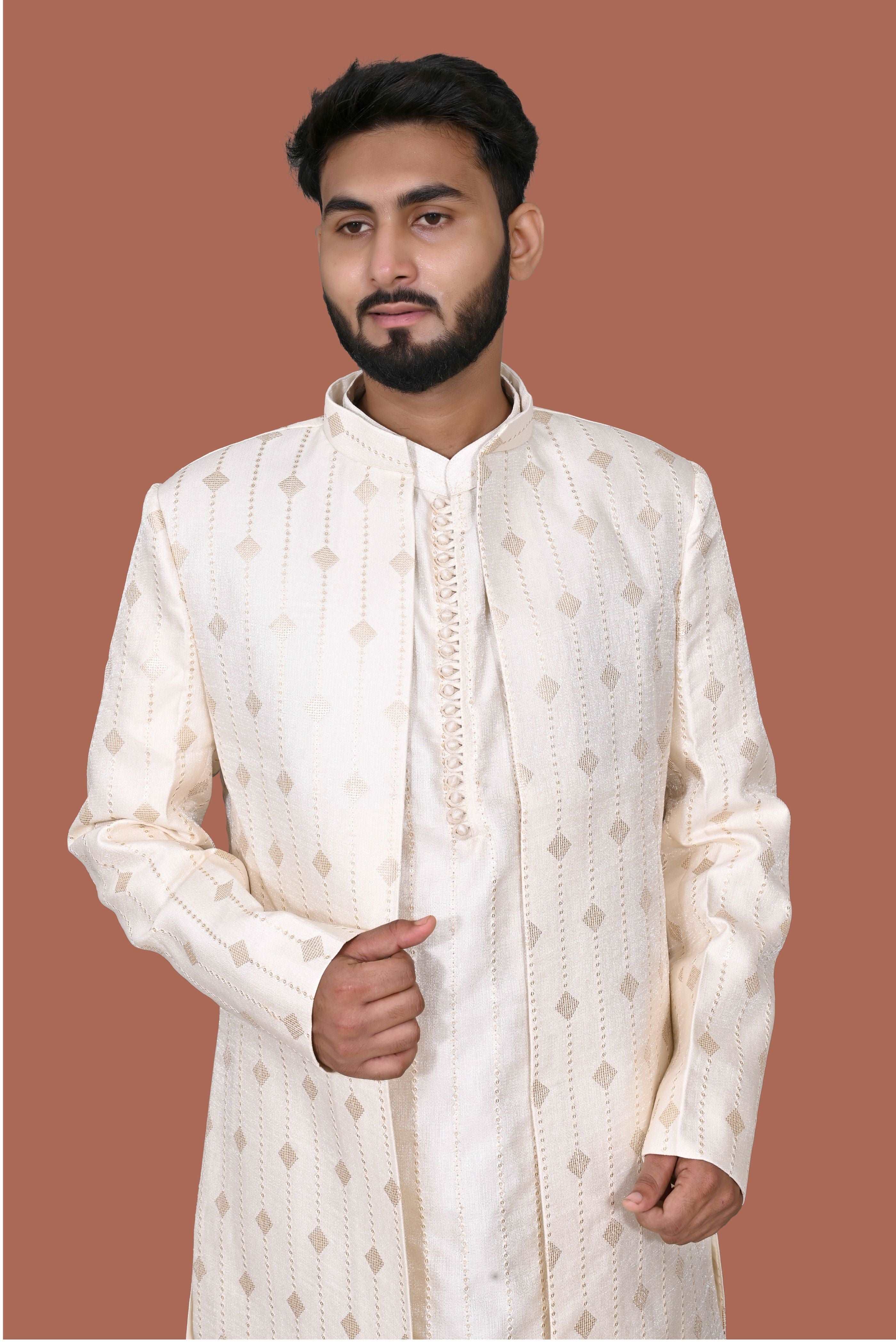 Cream Geometric Patterned Achkan Style Sherwani Set