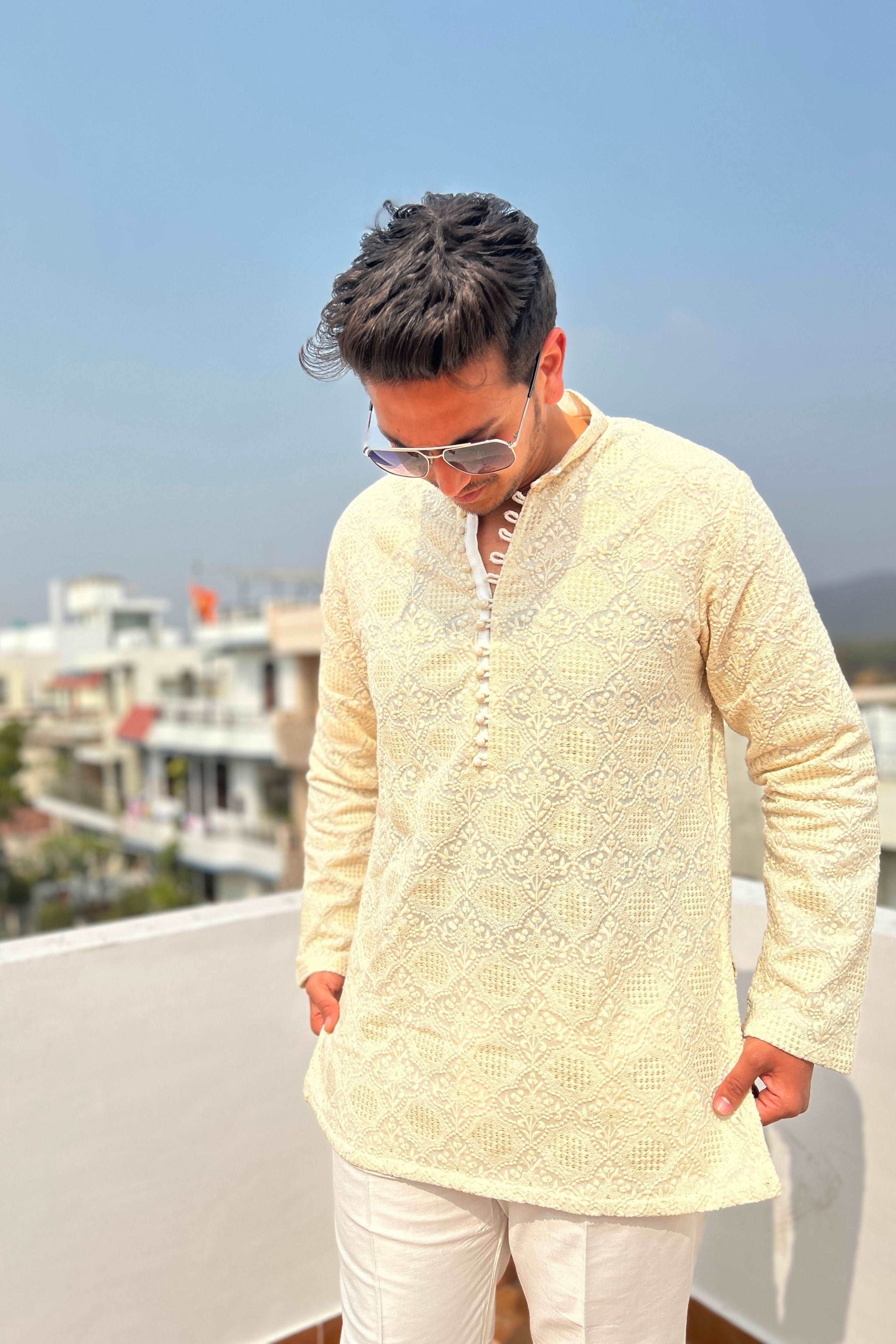 White Short Chikankari Kurta For Mens