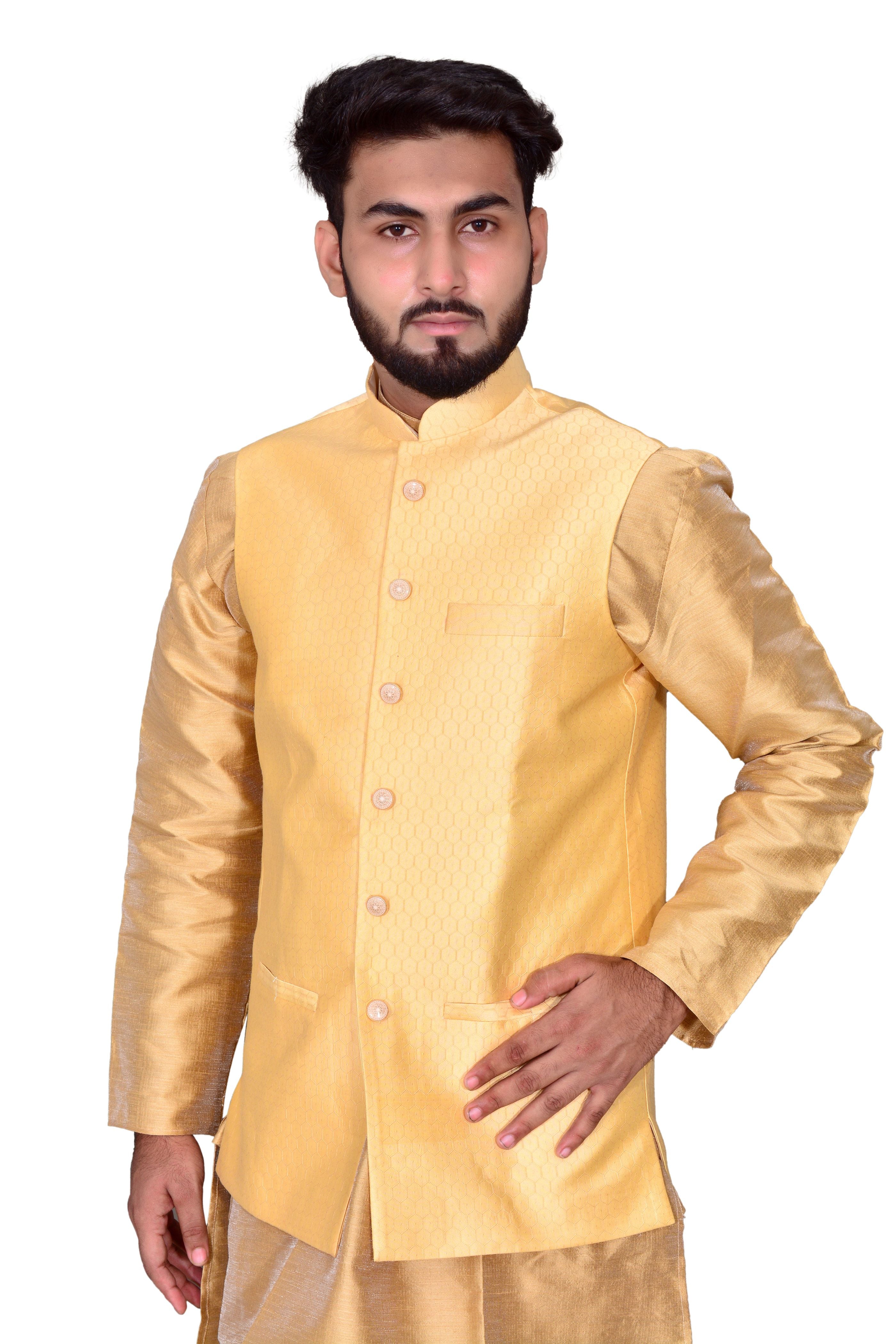 Yellow Cotton Silk Self Design Nehru Jacket For Men