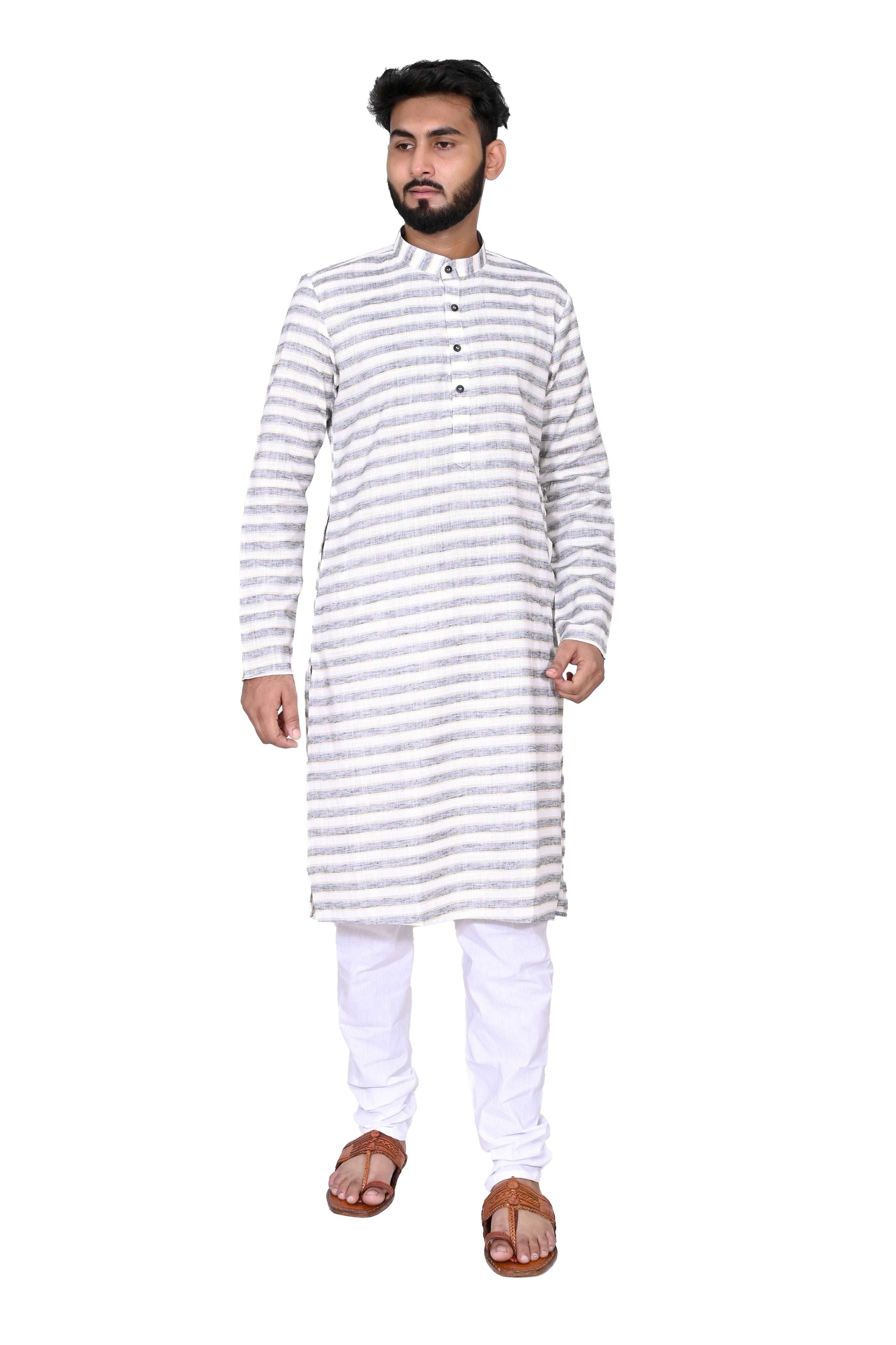 Men's Cotton Linen Kurta & White Churidar Pyjama Set