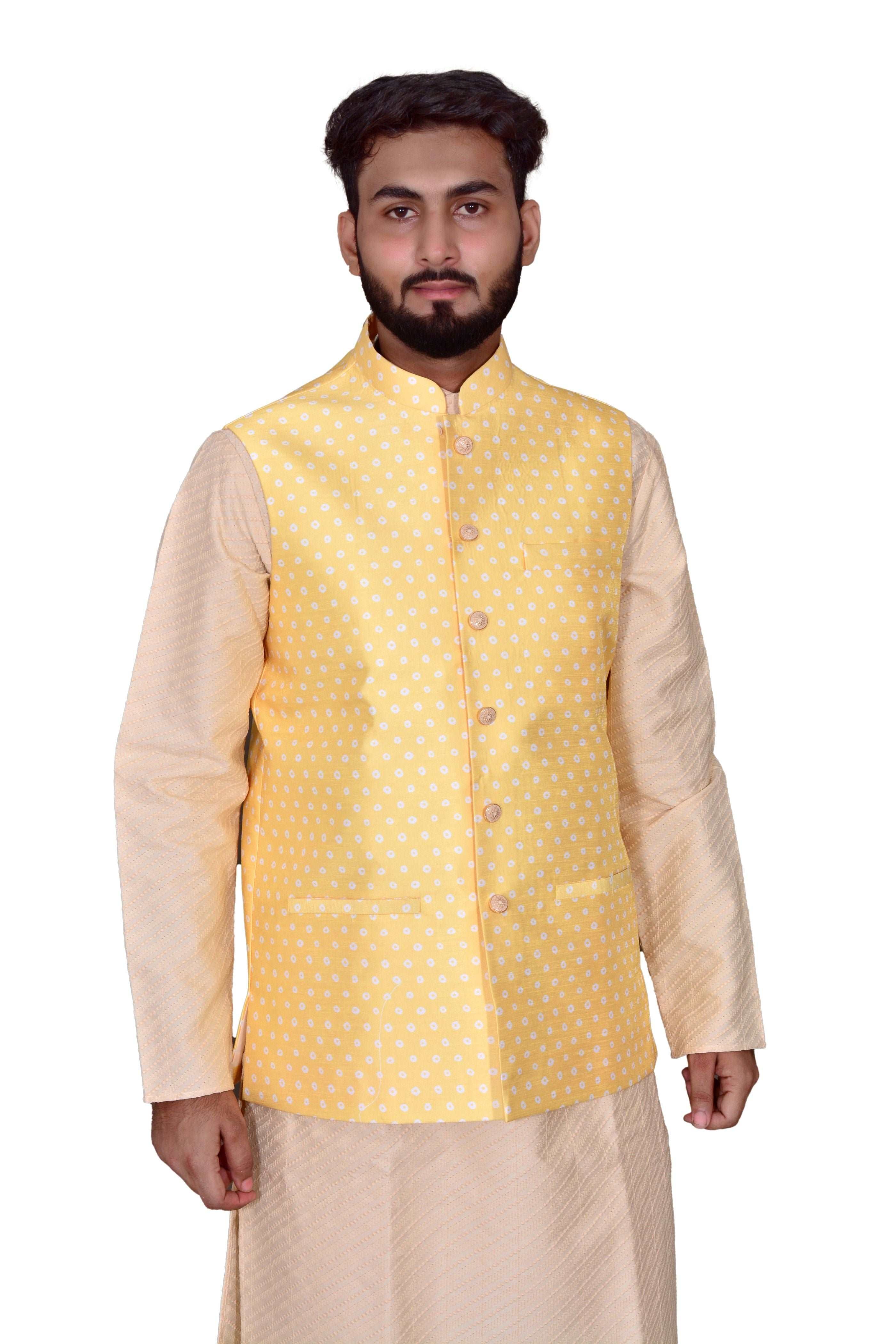 Mens Yellow Bhandej Silk Lightweight  Nehru Jacket