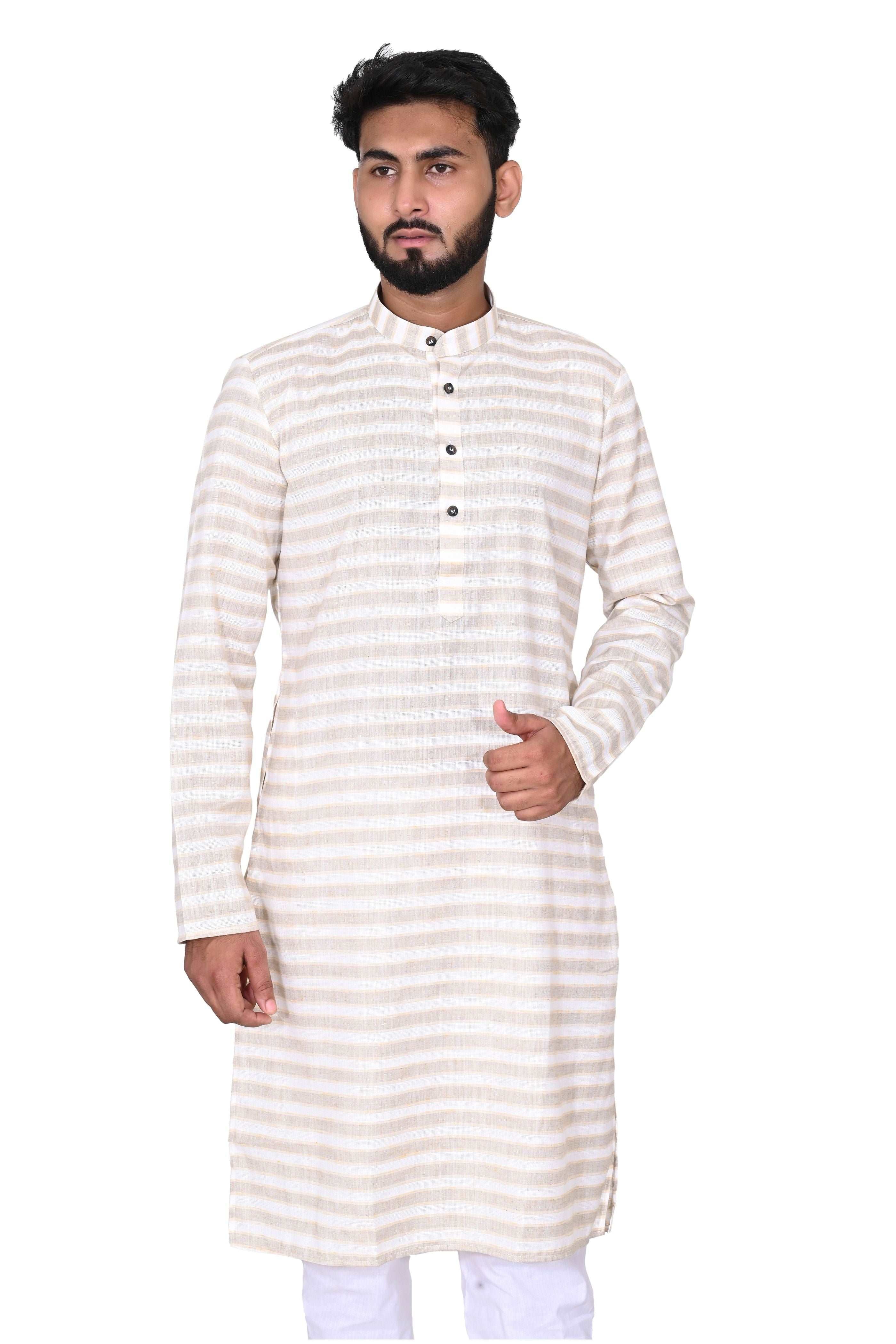 Men's Cotton Linen Kurta & White Churidar Pyjama Set