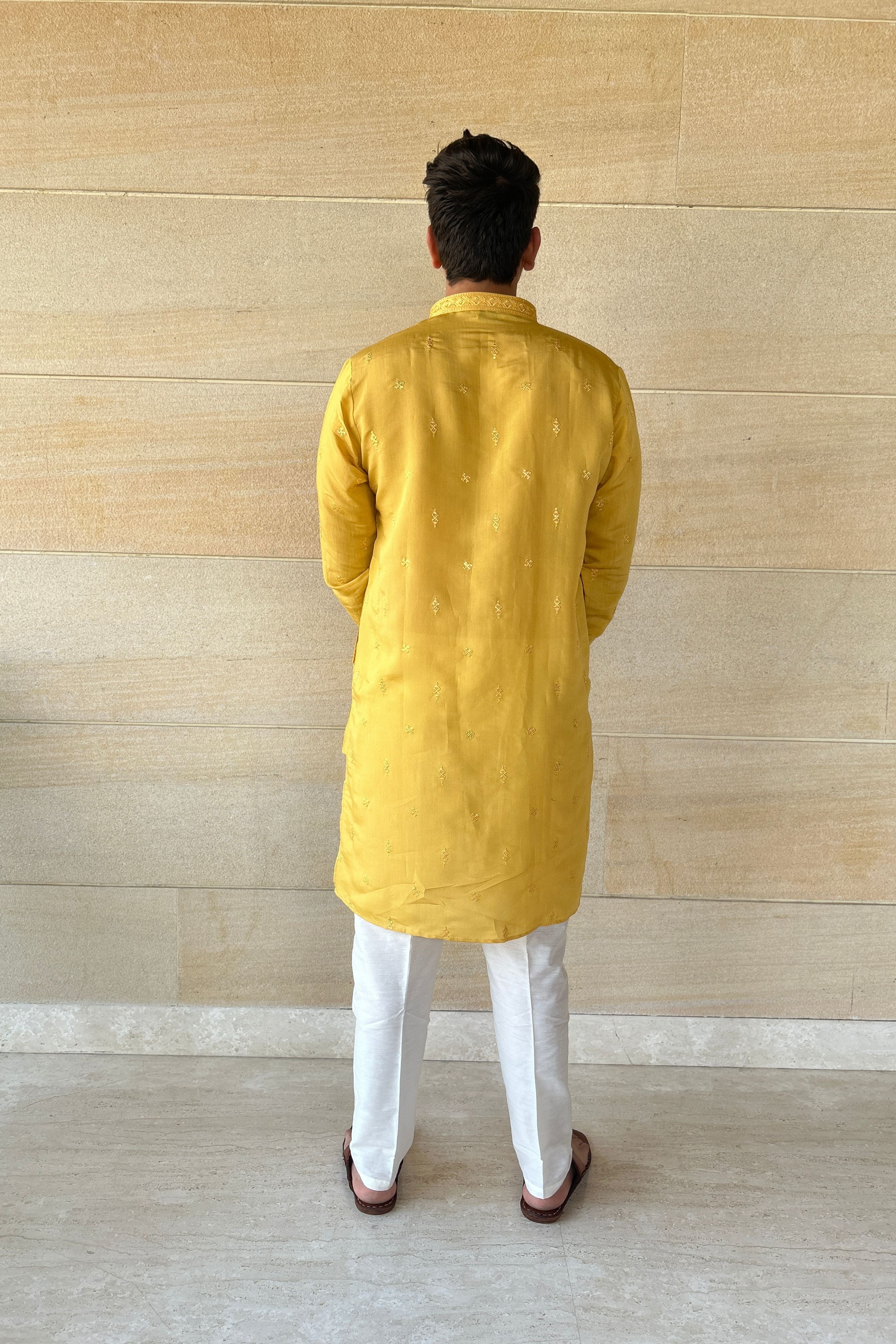 Yellow Sequence Handwork Thread Mens Kurta & Pants Set