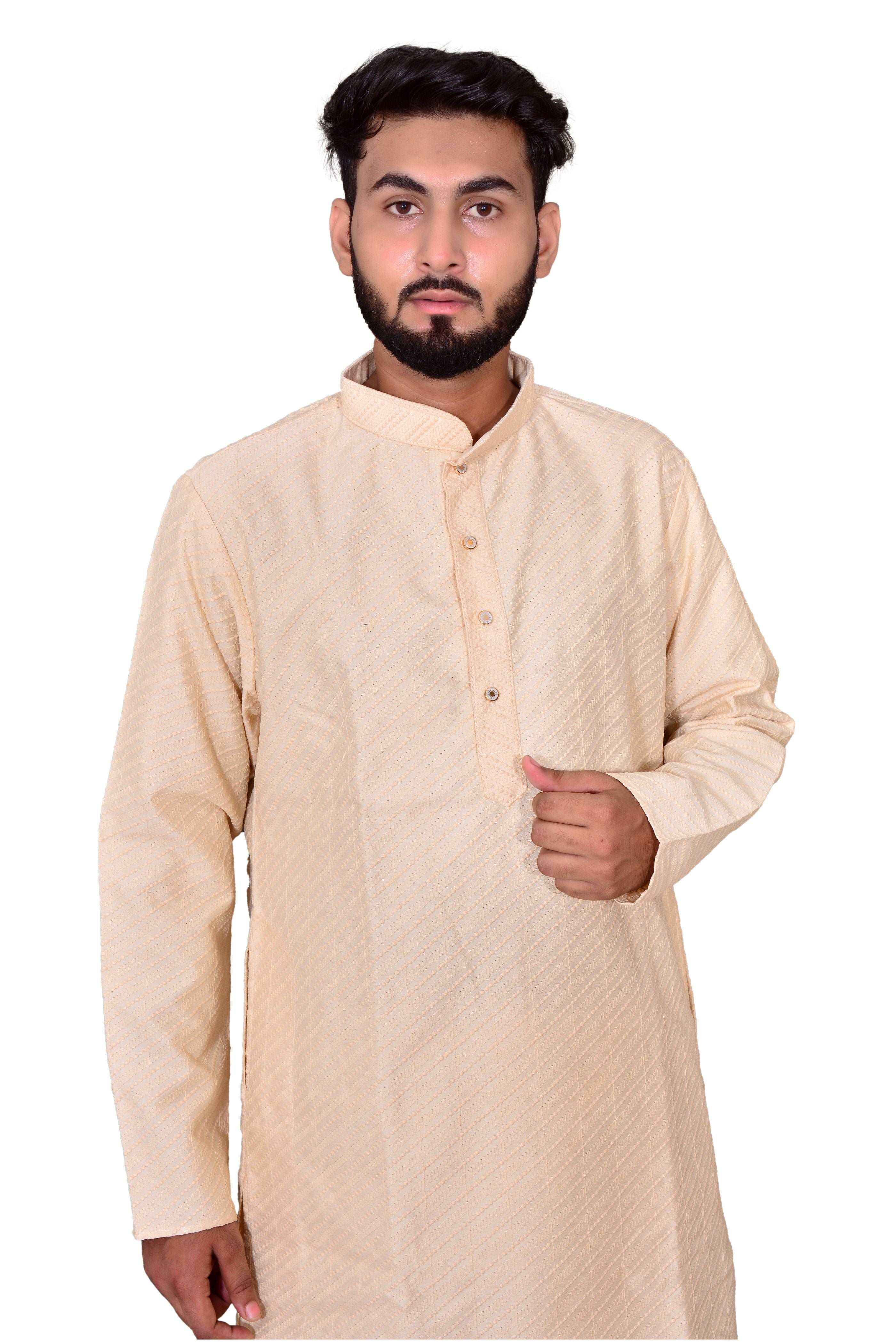 Men's Cotton  Kurta & White Churidar Pyjama Set