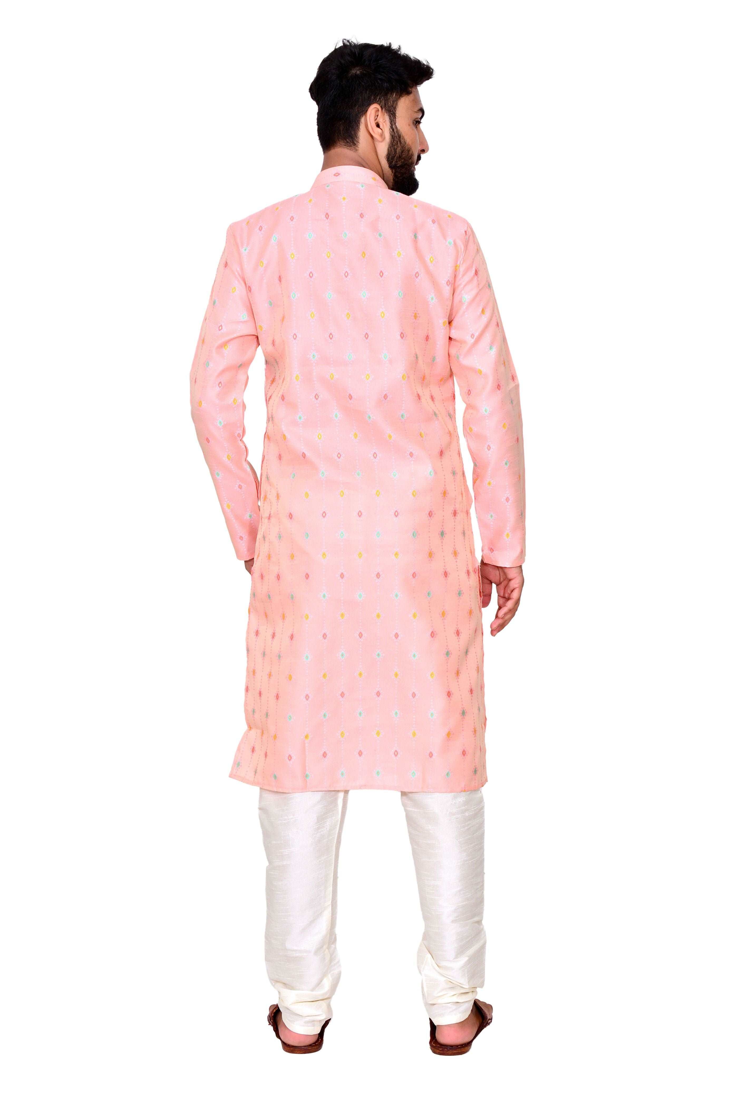 Peach Silk Kurta Set With Motif And Off White Bottom