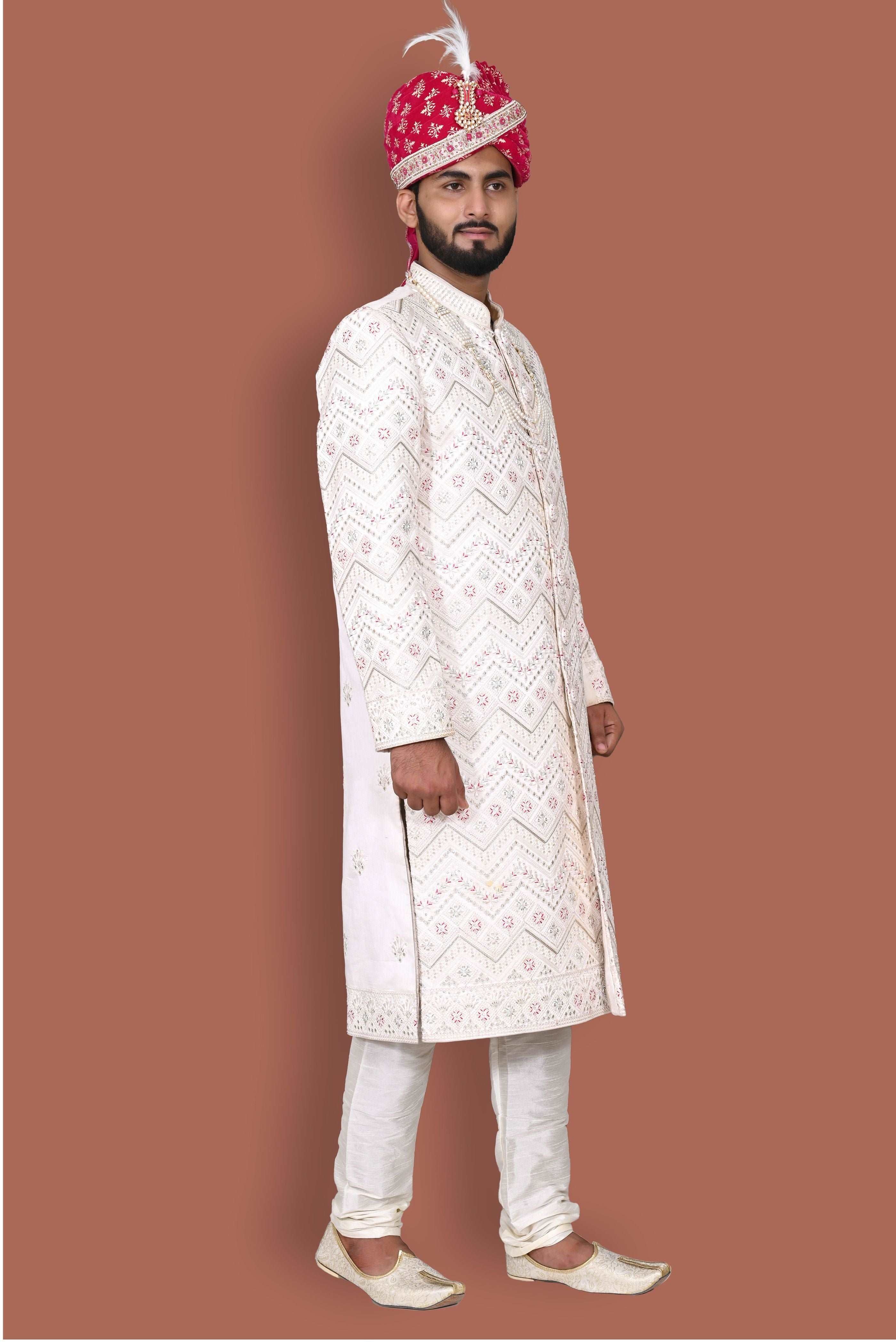 Regal Cream Set With Rani Embroidery Sherwani For Men
