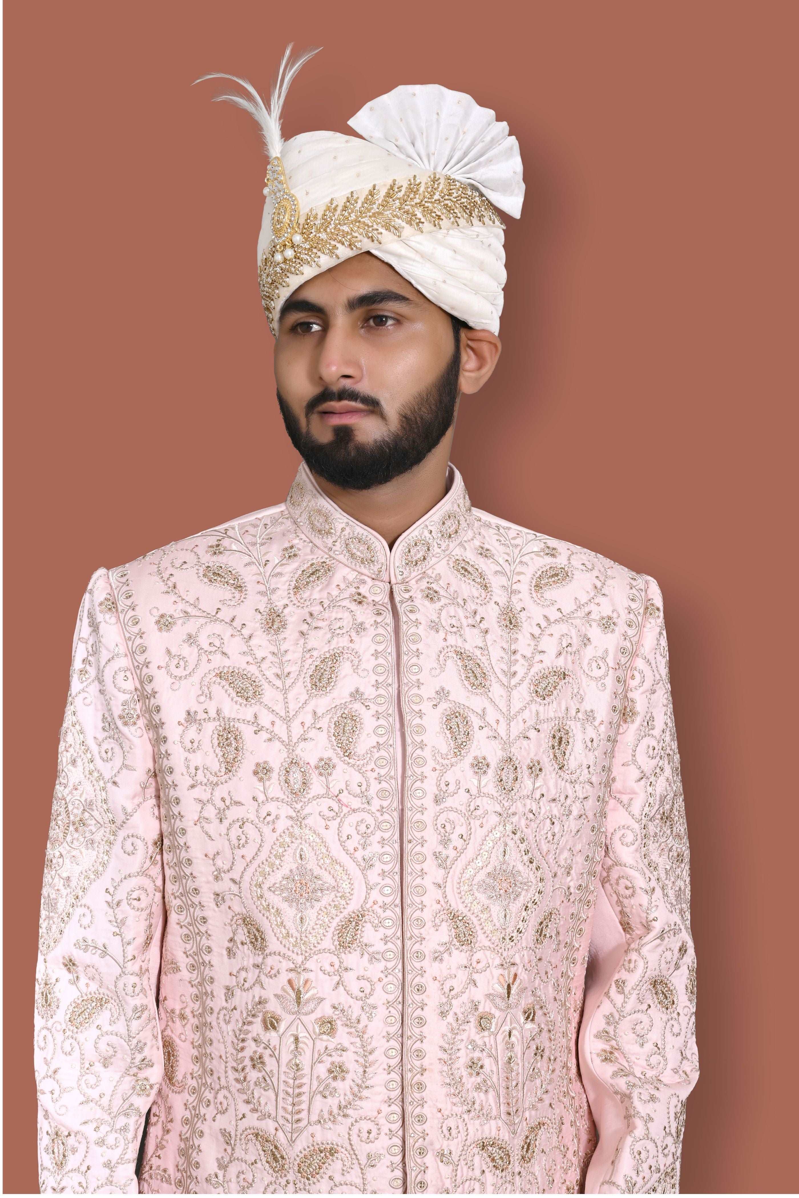 Light Pink Sherwani With Handwork And Zari Embroidery