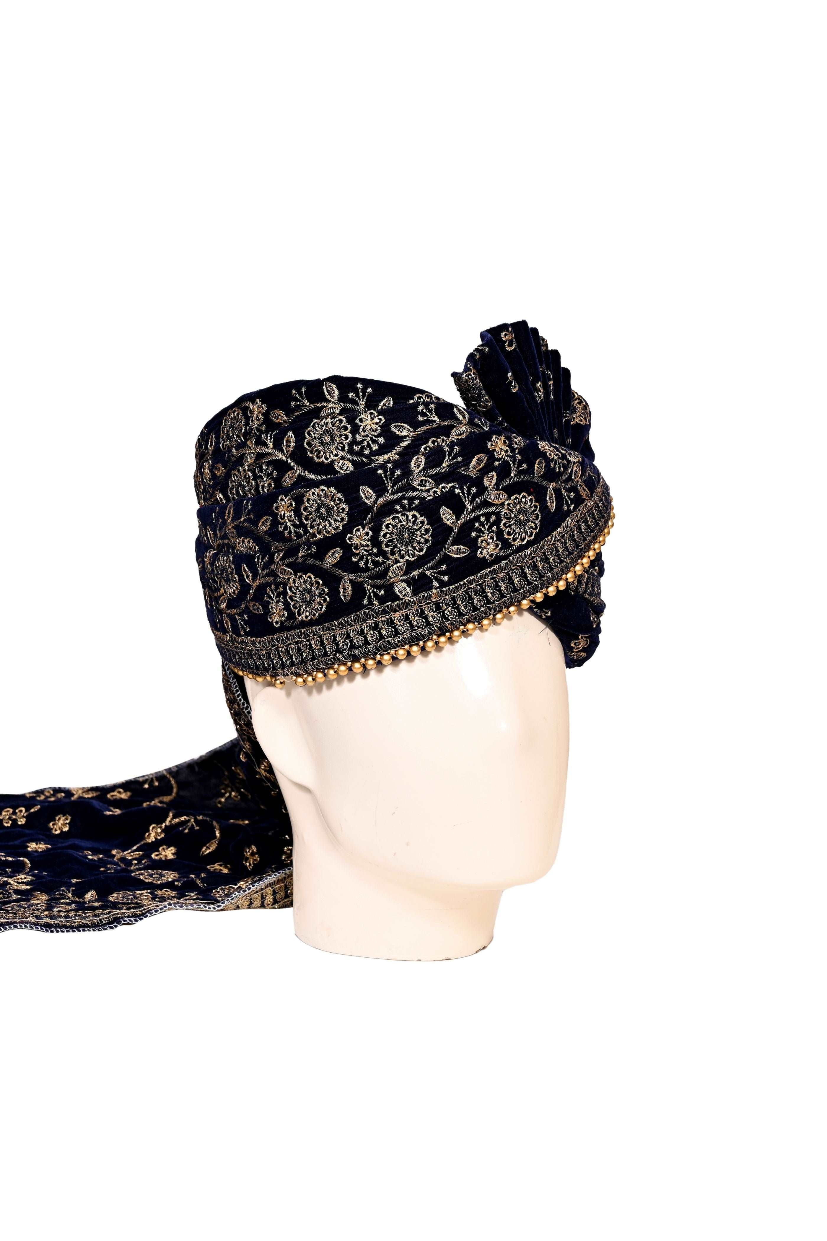 Blue Velvet Stitched Handwork Border Safa/turban/pagri/pheta   Pheta (Turban Safa) And Dupatta  For Men For Wedding/marriage And Traditional Function