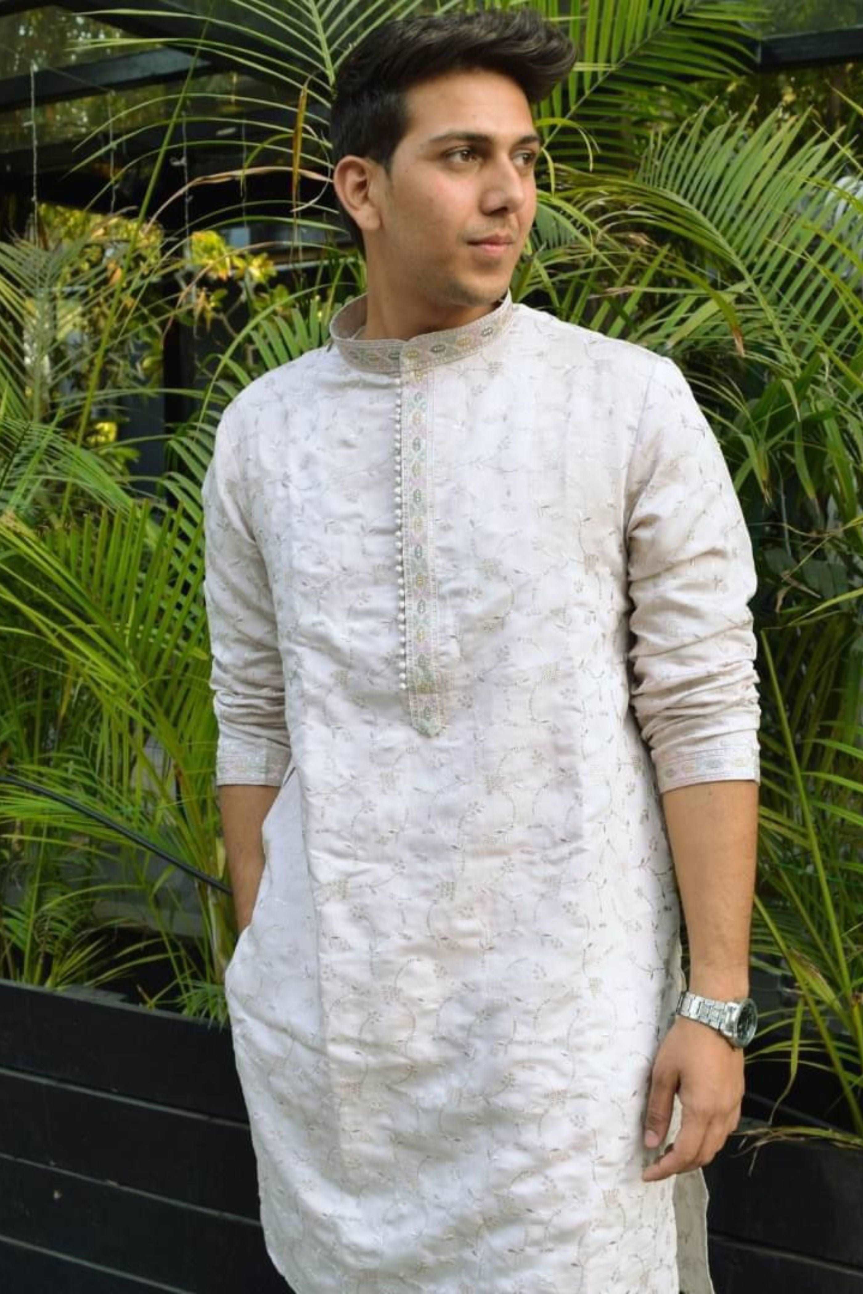 Lilac Handwork Thread Mens Kurta & Pants Set