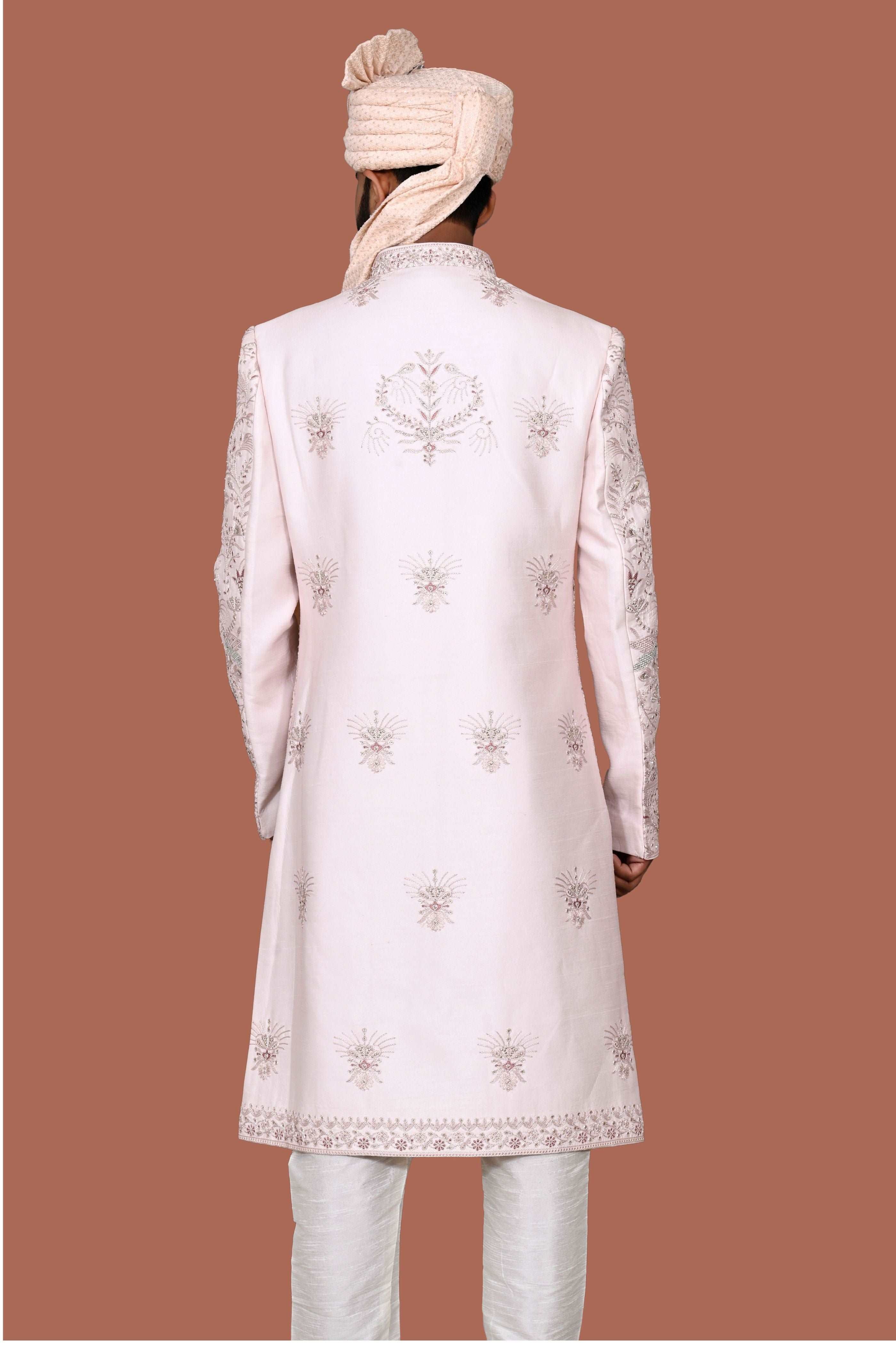 Light Rose Gold Pink Sherwani With Handwork And Zari Embroidery