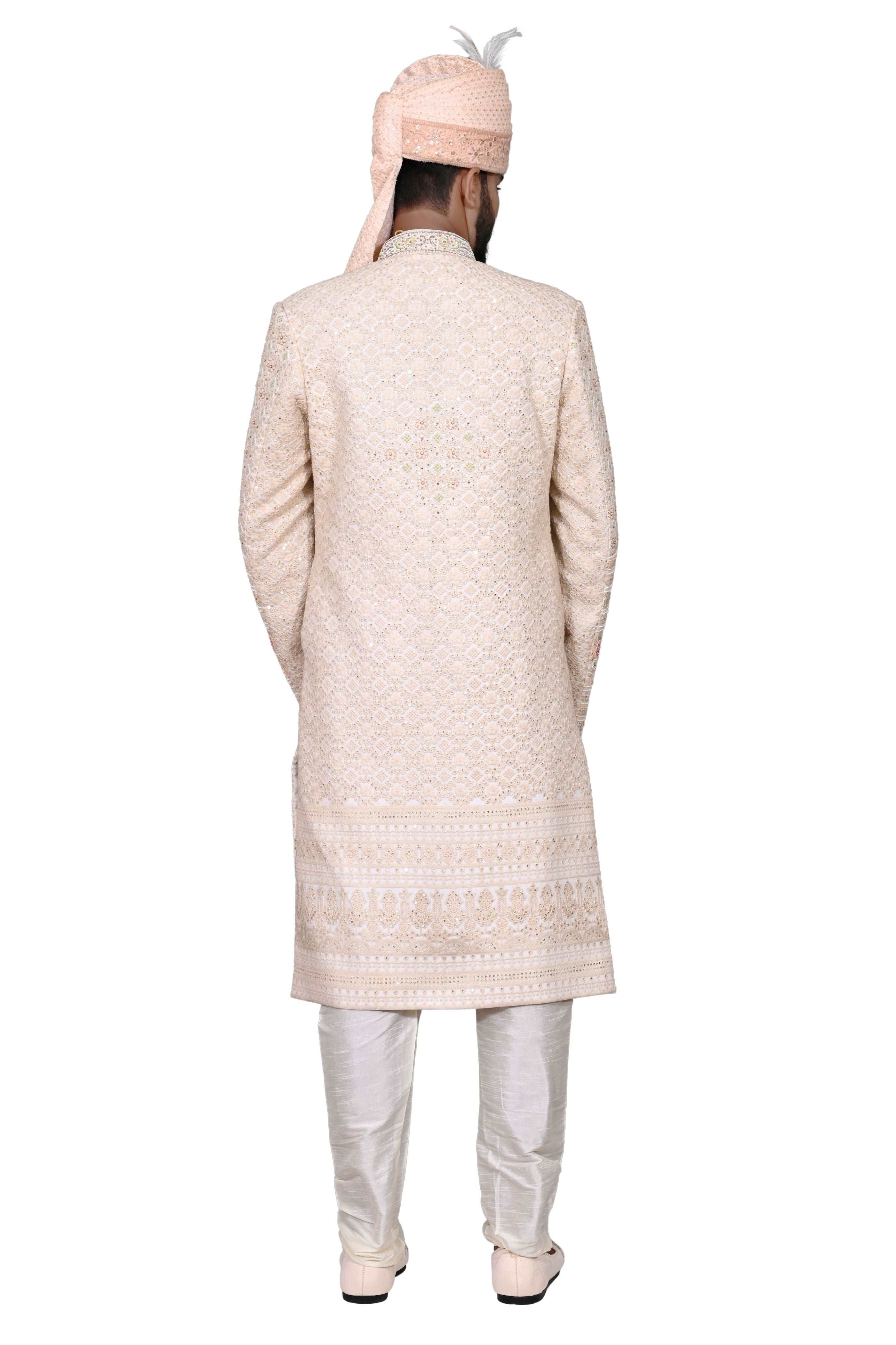 Off White Majestic Embroidered Men's Handwork Sherwani With Churidar Pyjama Set