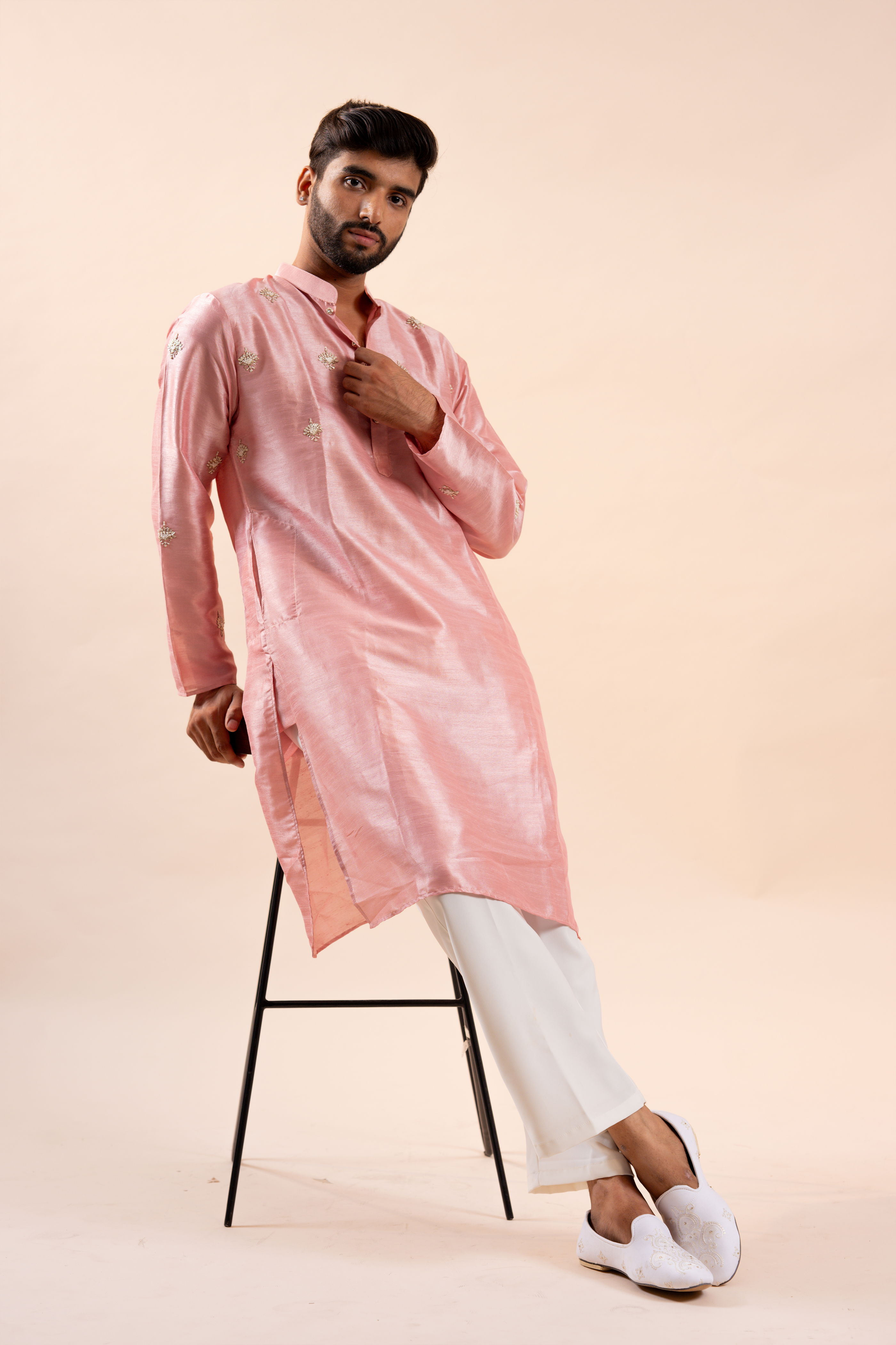 Pink Handwork Thread Mens Kurta & Pants Set | Festive Outfit for men | Groom or Groomsmen outfit