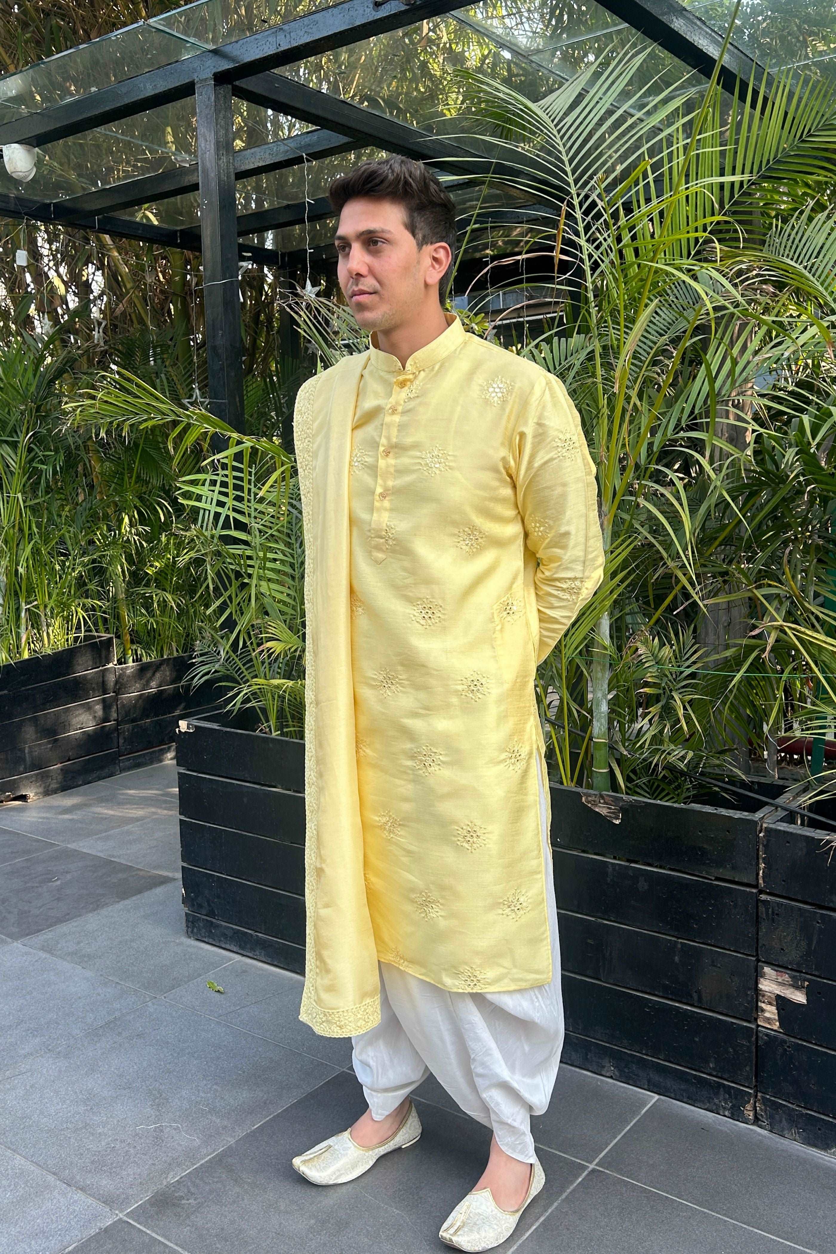 Men's Handwork Silk Mirror Kurta & Dhoti & Dupatta Churidar Pyjama Set