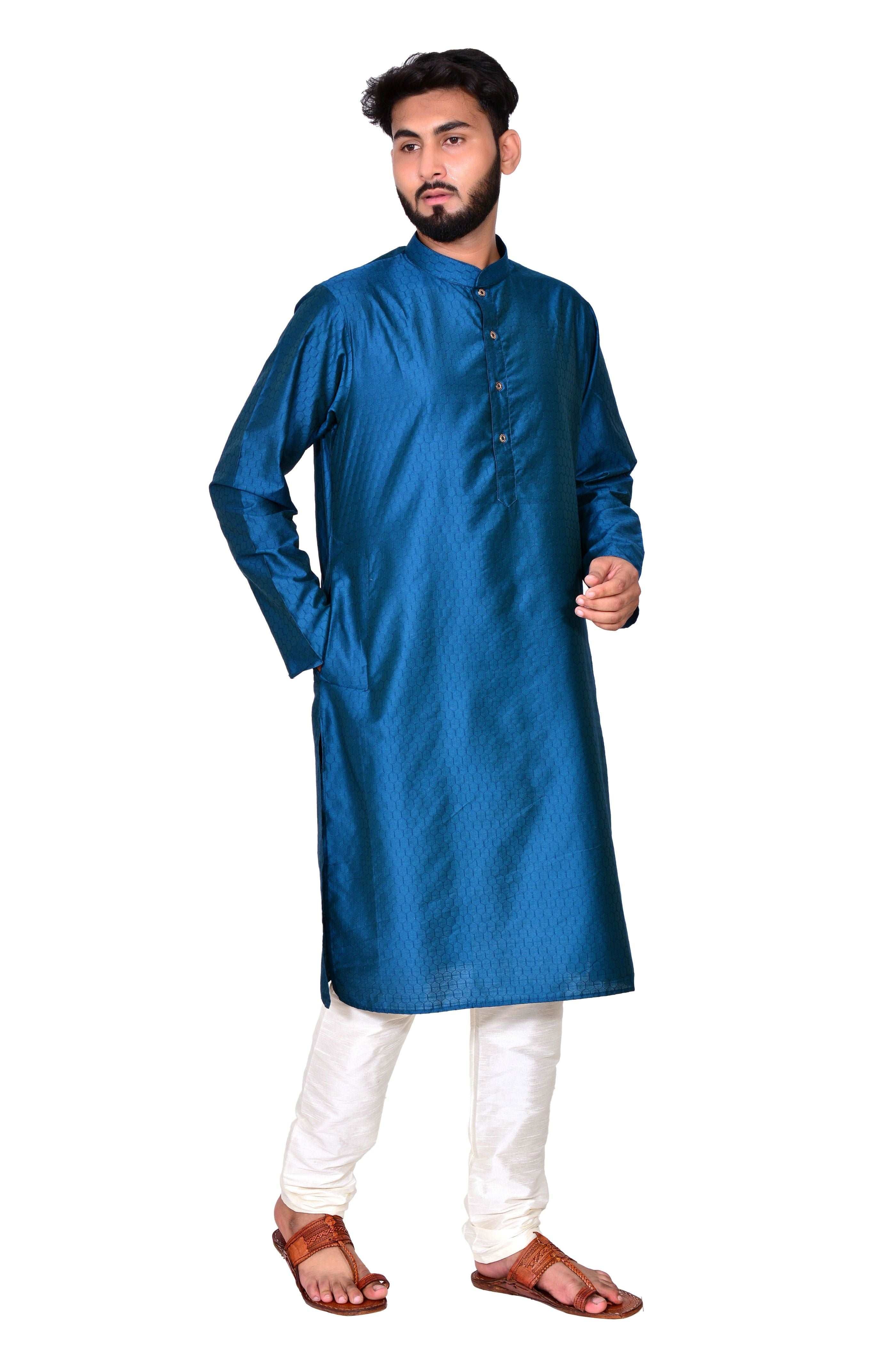 Men's Silk  Kurta & Off White Churidar Pyjama Set