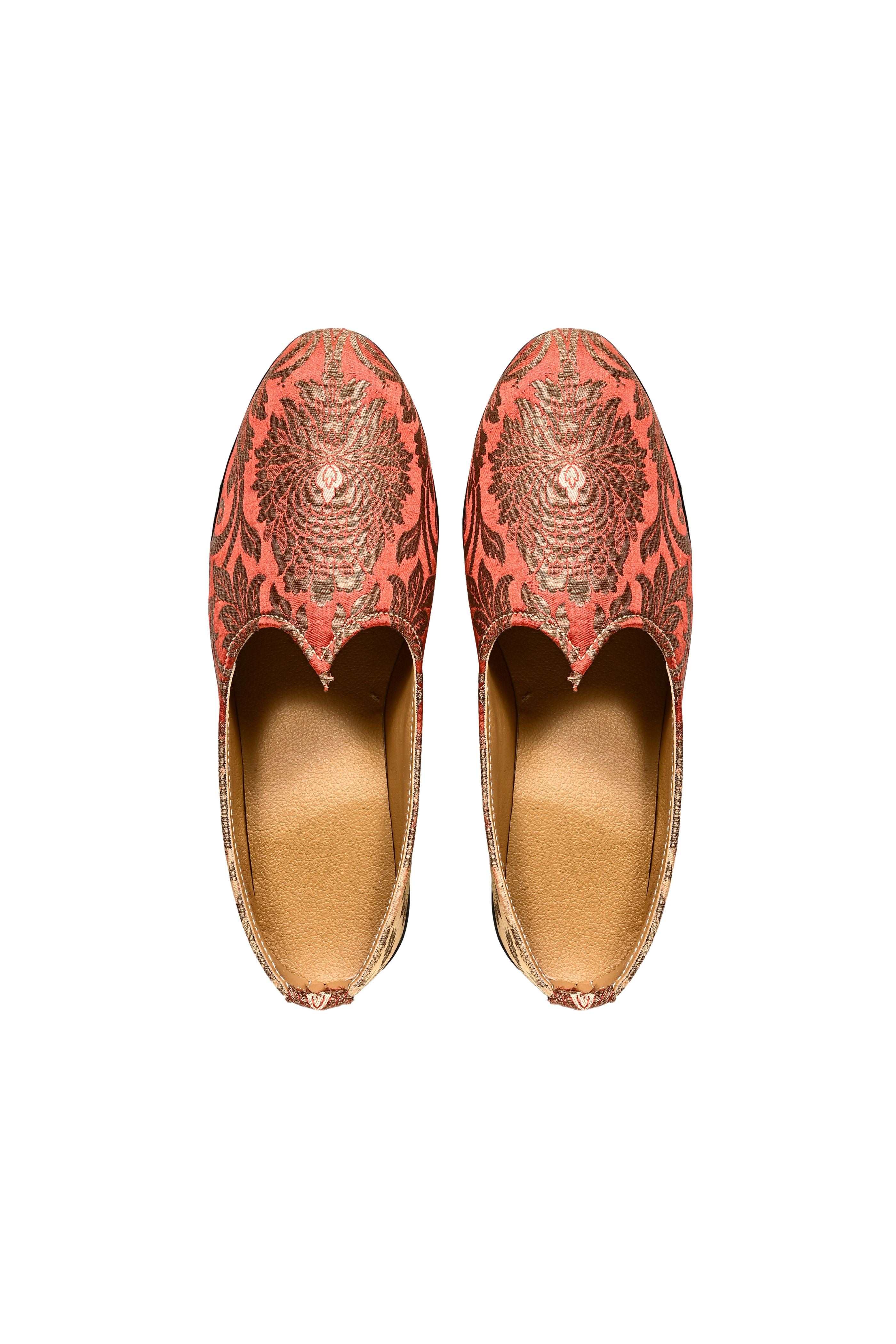 Mens Peach Ethnic Embroidery Jutties Loafer  And Mojari For Wedding Party Occasion Fashion Outdoor Indoor Lightweight Shoes