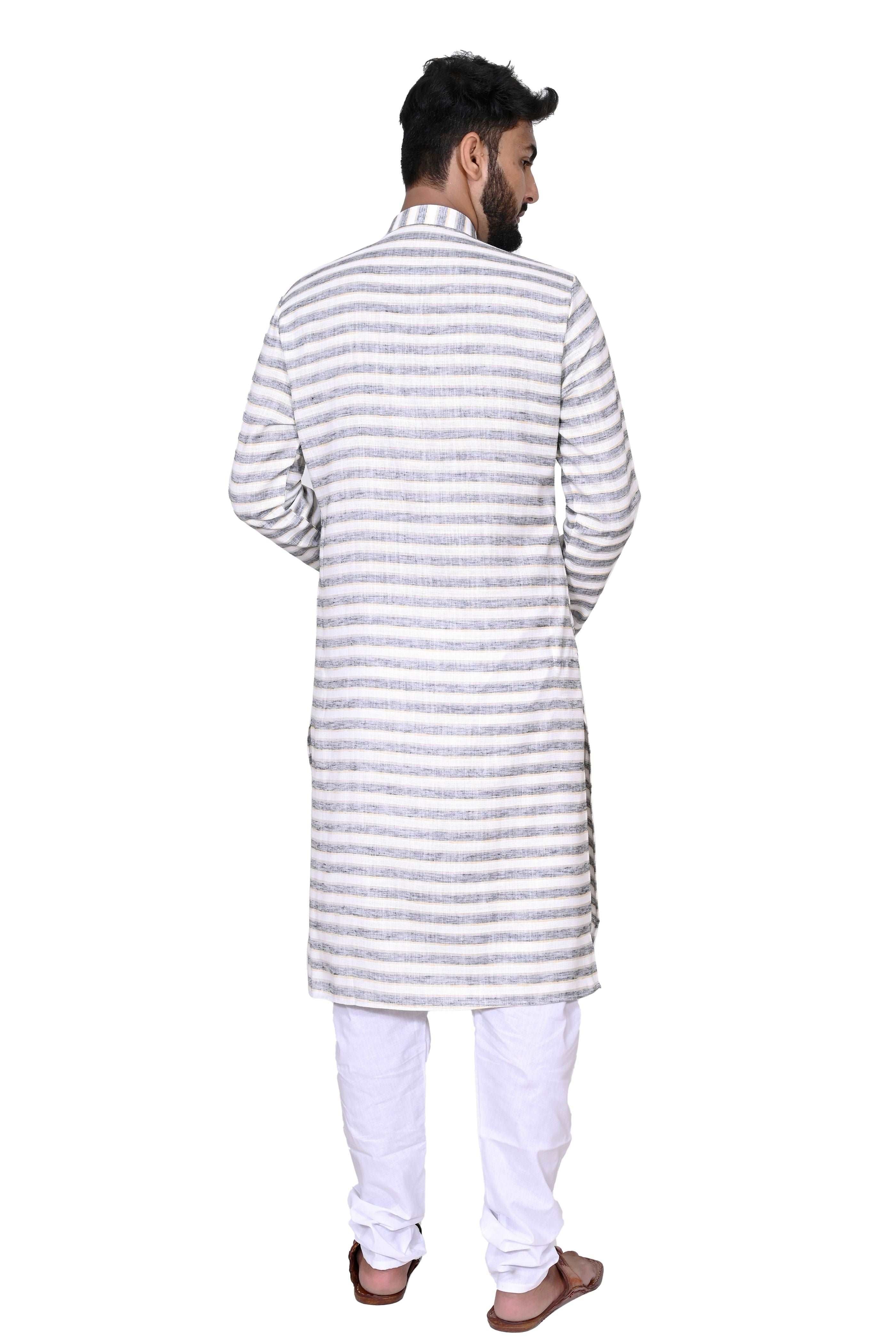 Men's Cotton Linen Kurta & White Churidar Pyjama Set