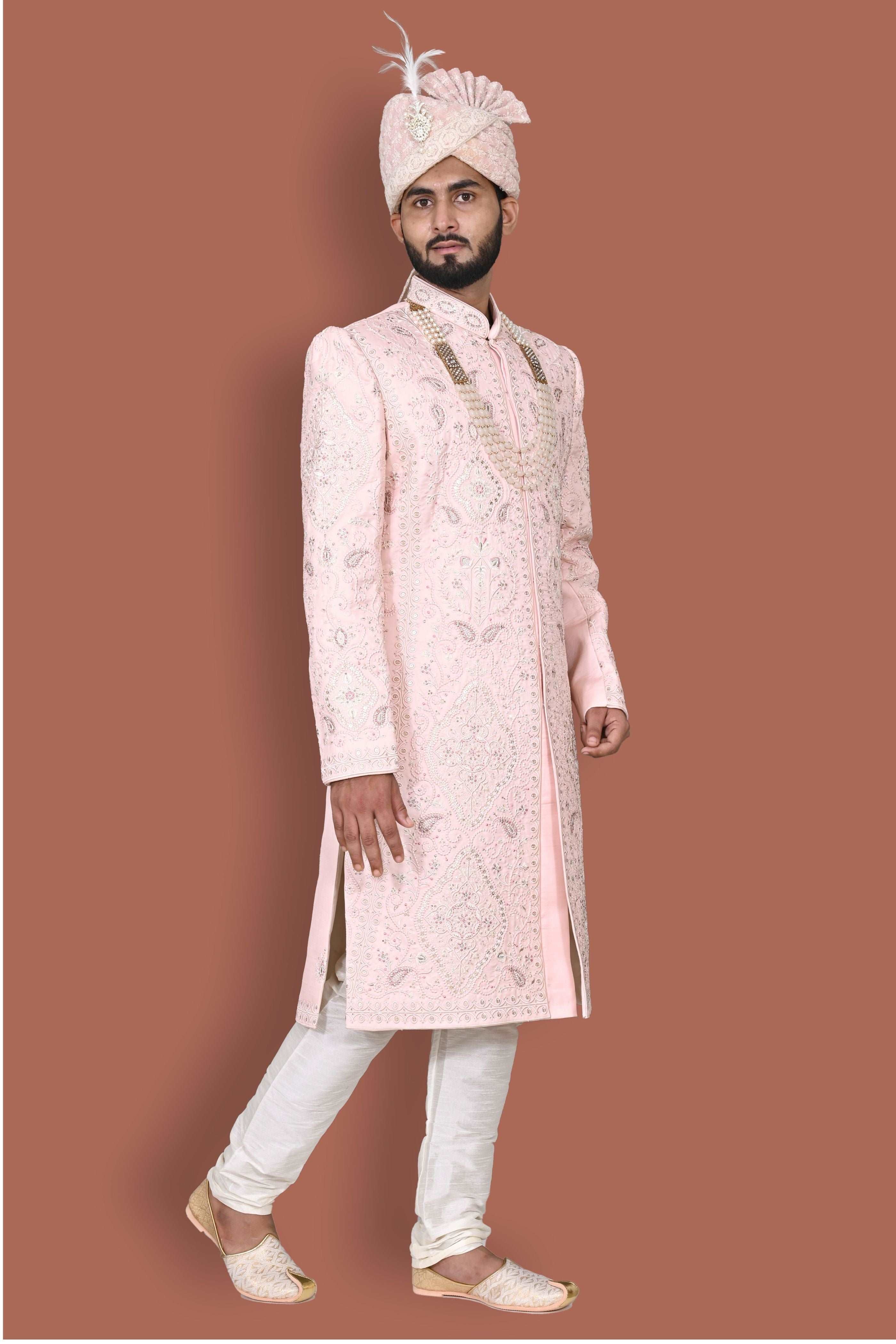 Light Pink Sherwani With Handwork And Zari Embroidery