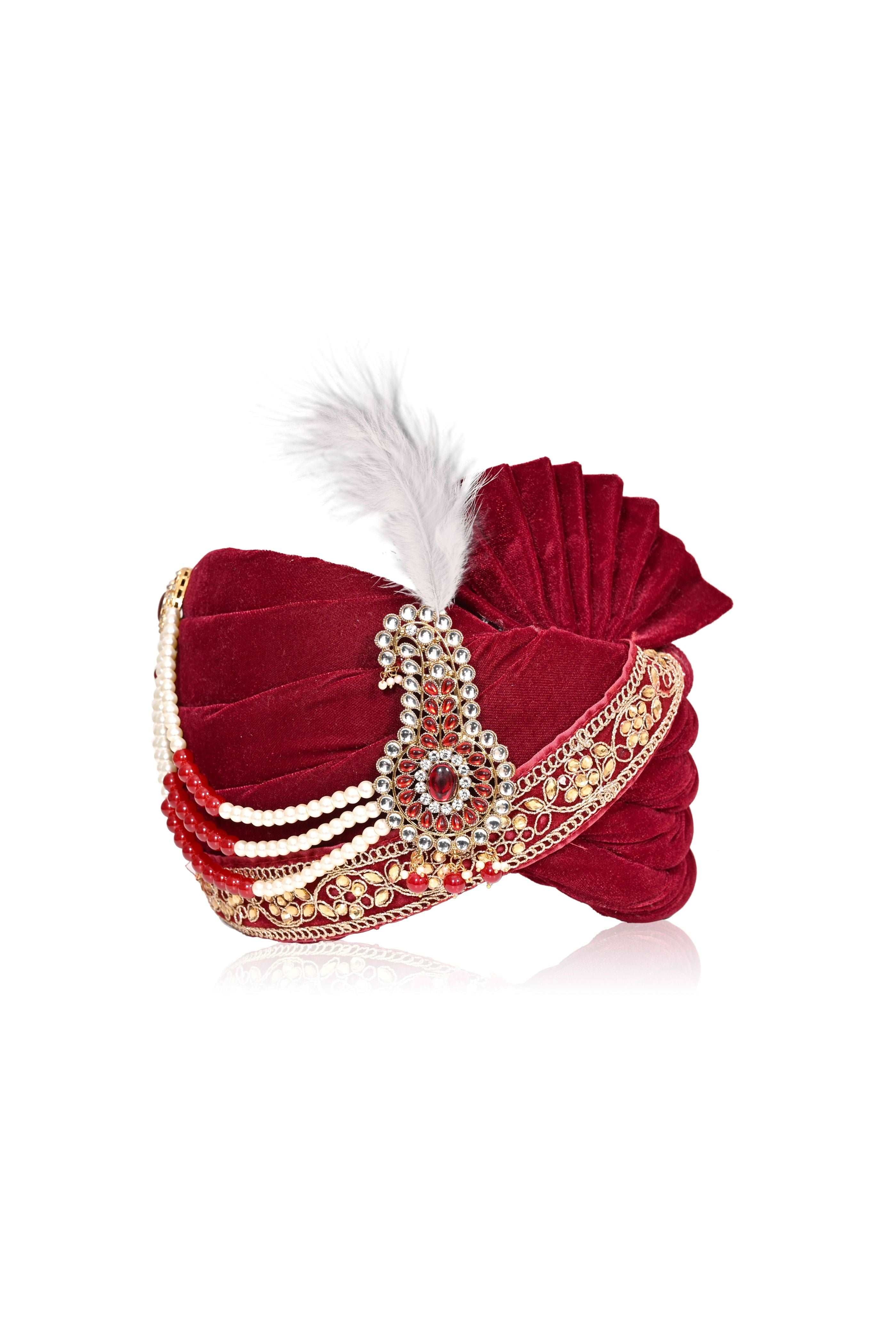 Red Velvet Stitched Handwork Border Safa/turban/pagri/pheta   Pheta (Turban Safa) And Dupatta  For Men For Wedding/marriage And Traditional Function