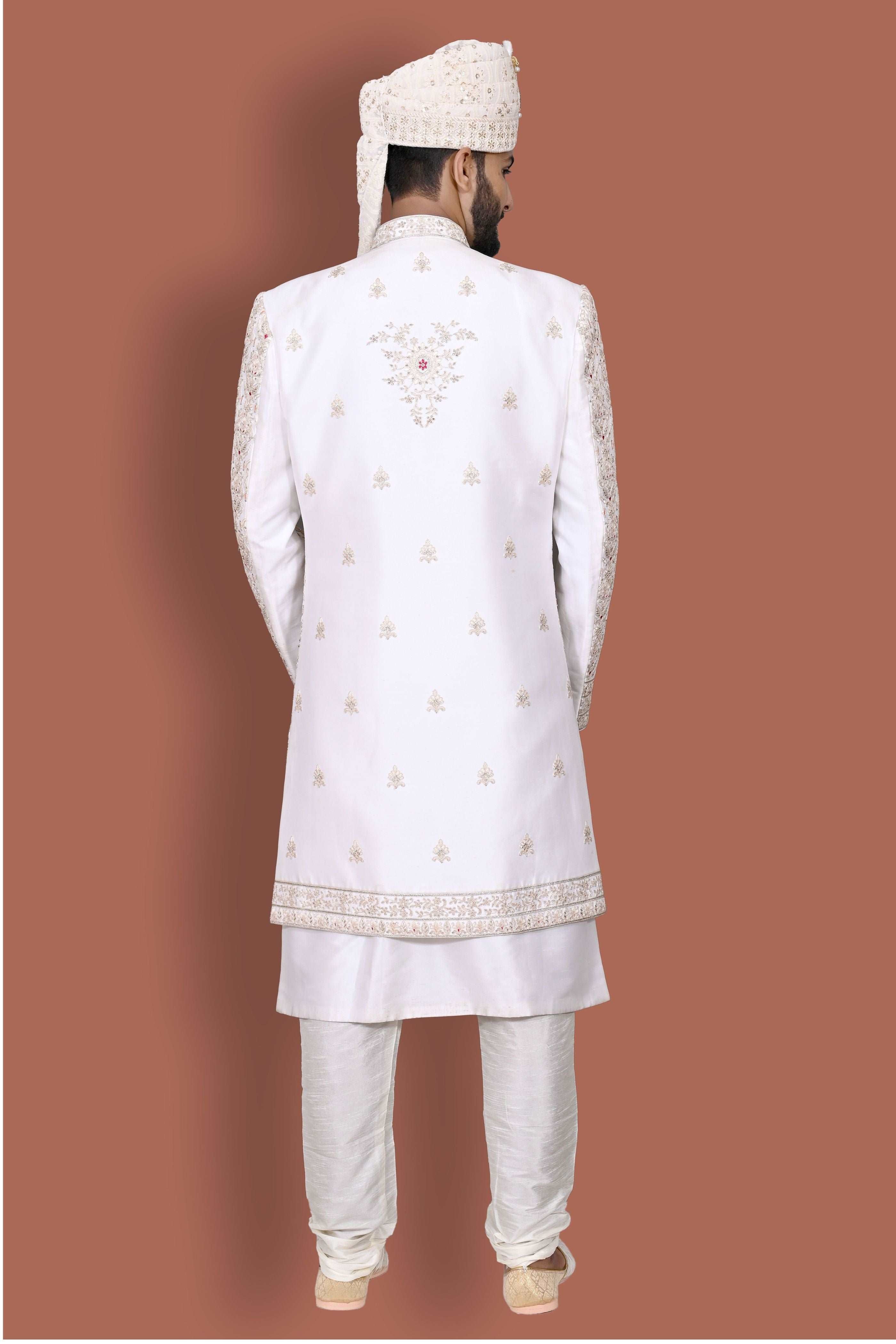 Cream Geometric Patterned Achkan Style Sherwani Set