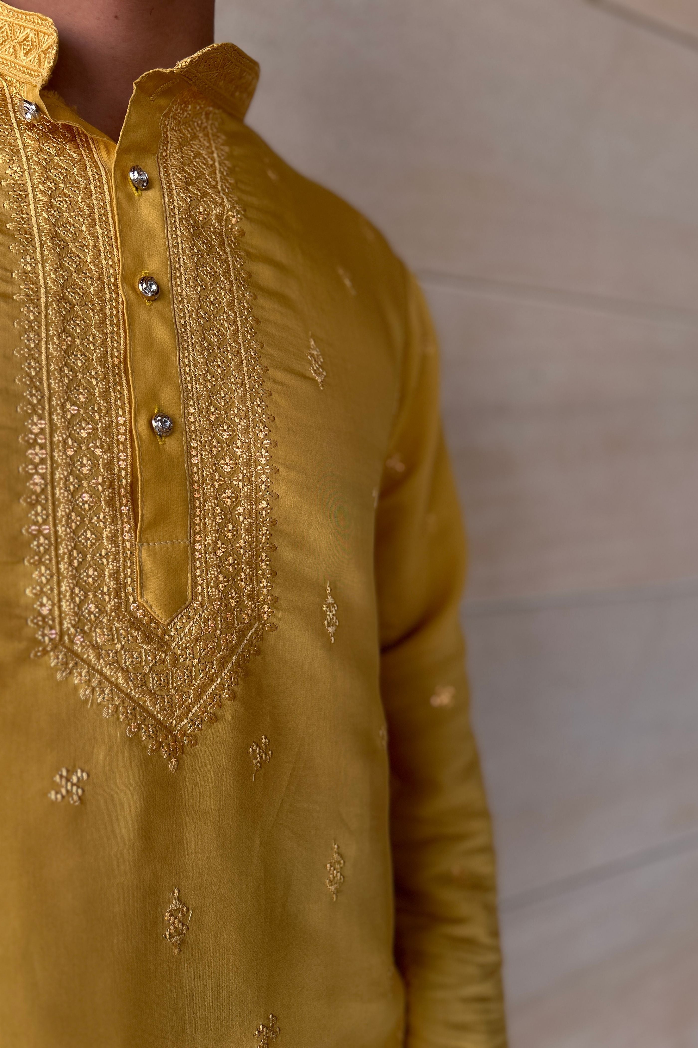 Yellow Sequence Handwork Thread Mens Kurta & Pants Set