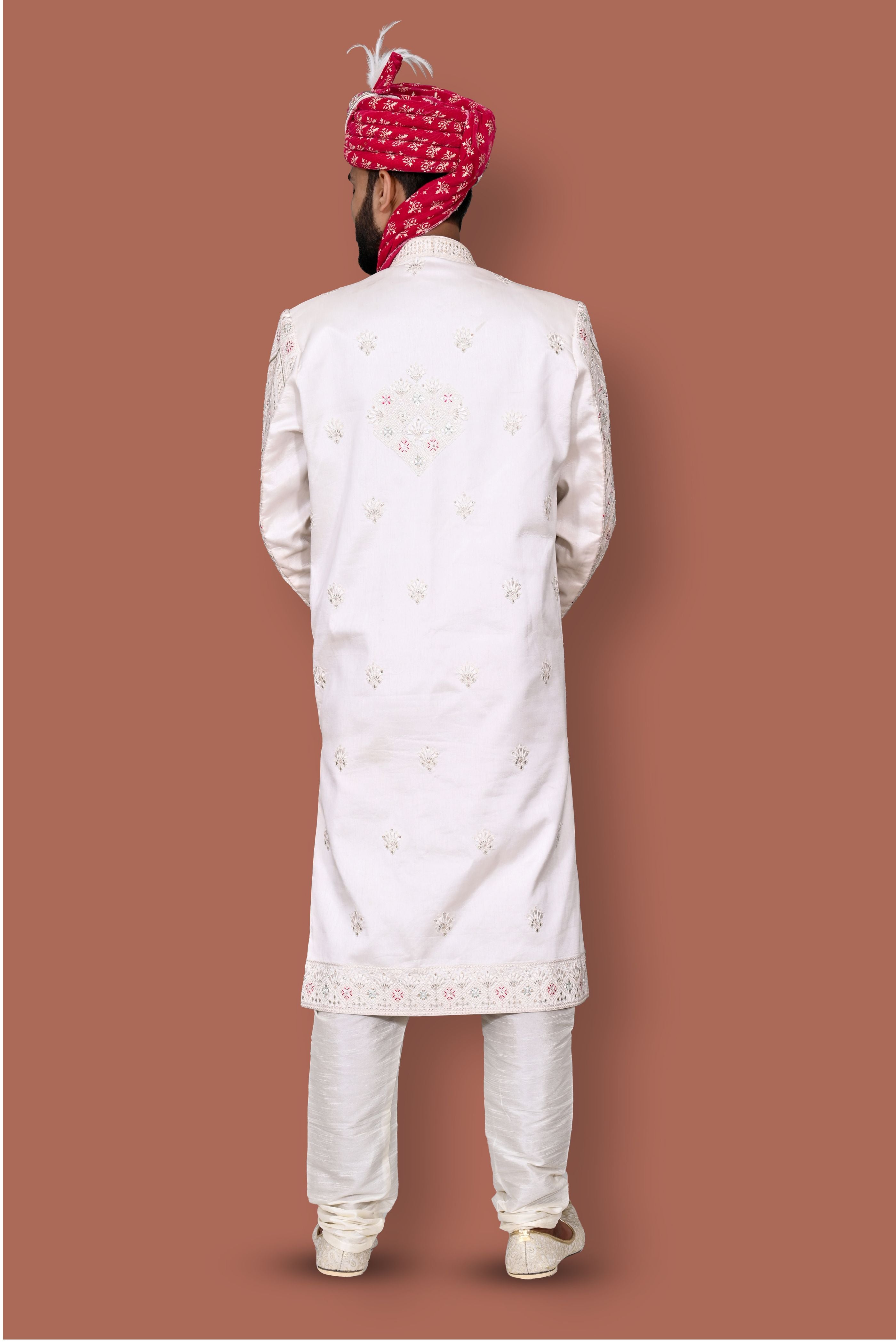 Regal Cream Set With Rani Embroidery Sherwani For Men