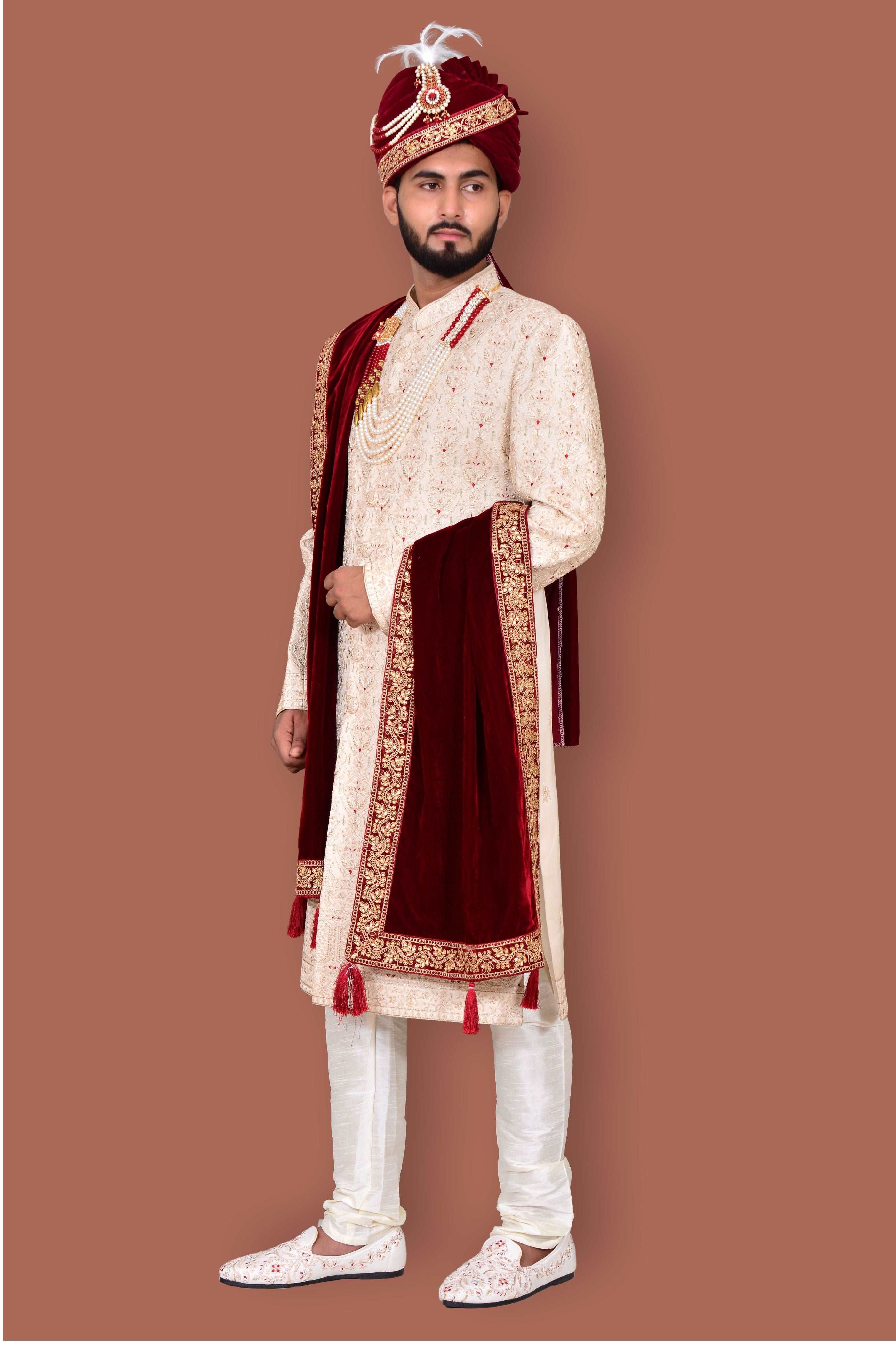 Cream Men's Handwork Sherwani With Churidar Pyjama Set