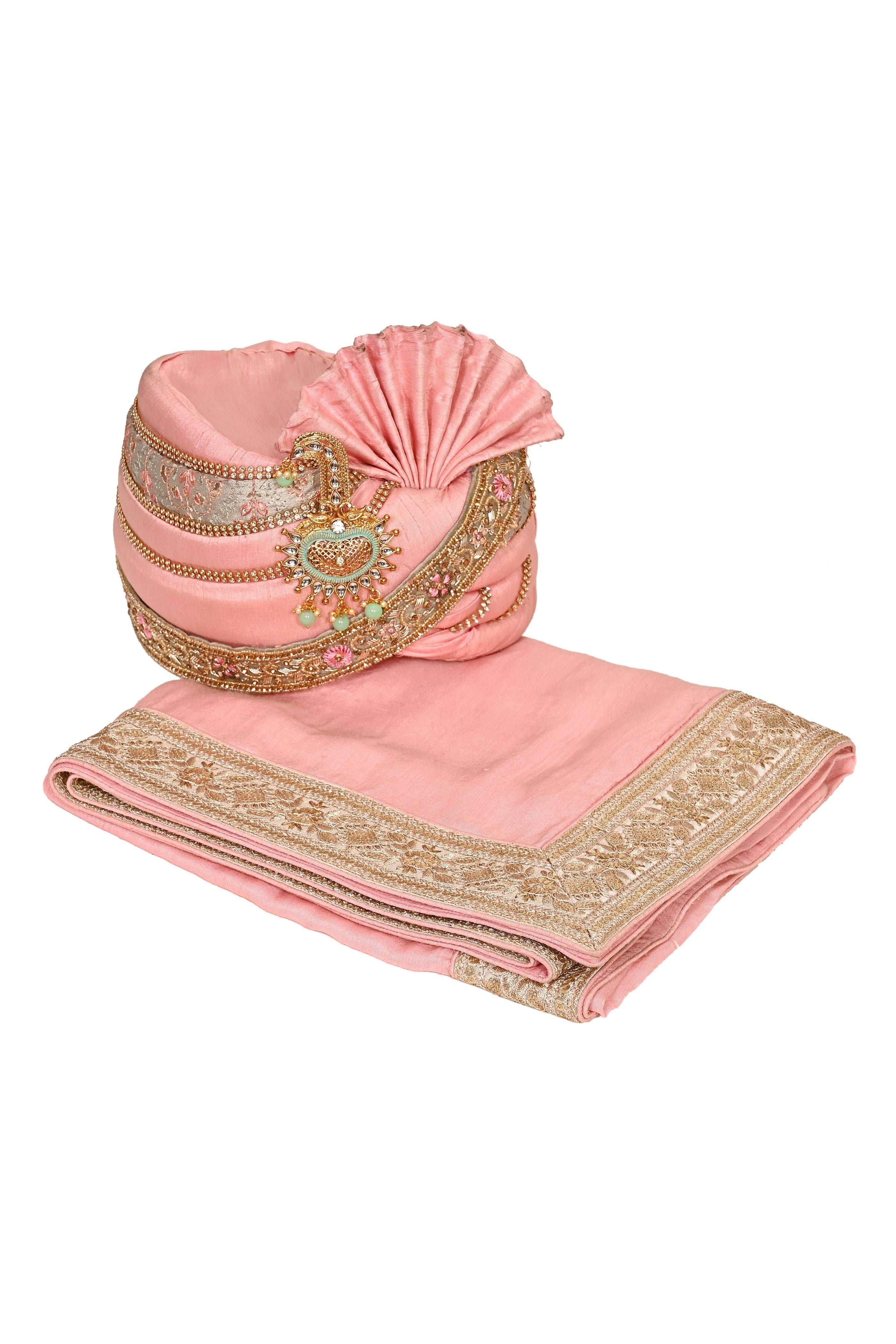 Peach Silk Stitched Handwork Border Safa/turban/pagri/pheta   Pheta (Turban Safa) And Dupatta For Men For Wedding/marriage And Traditional Function