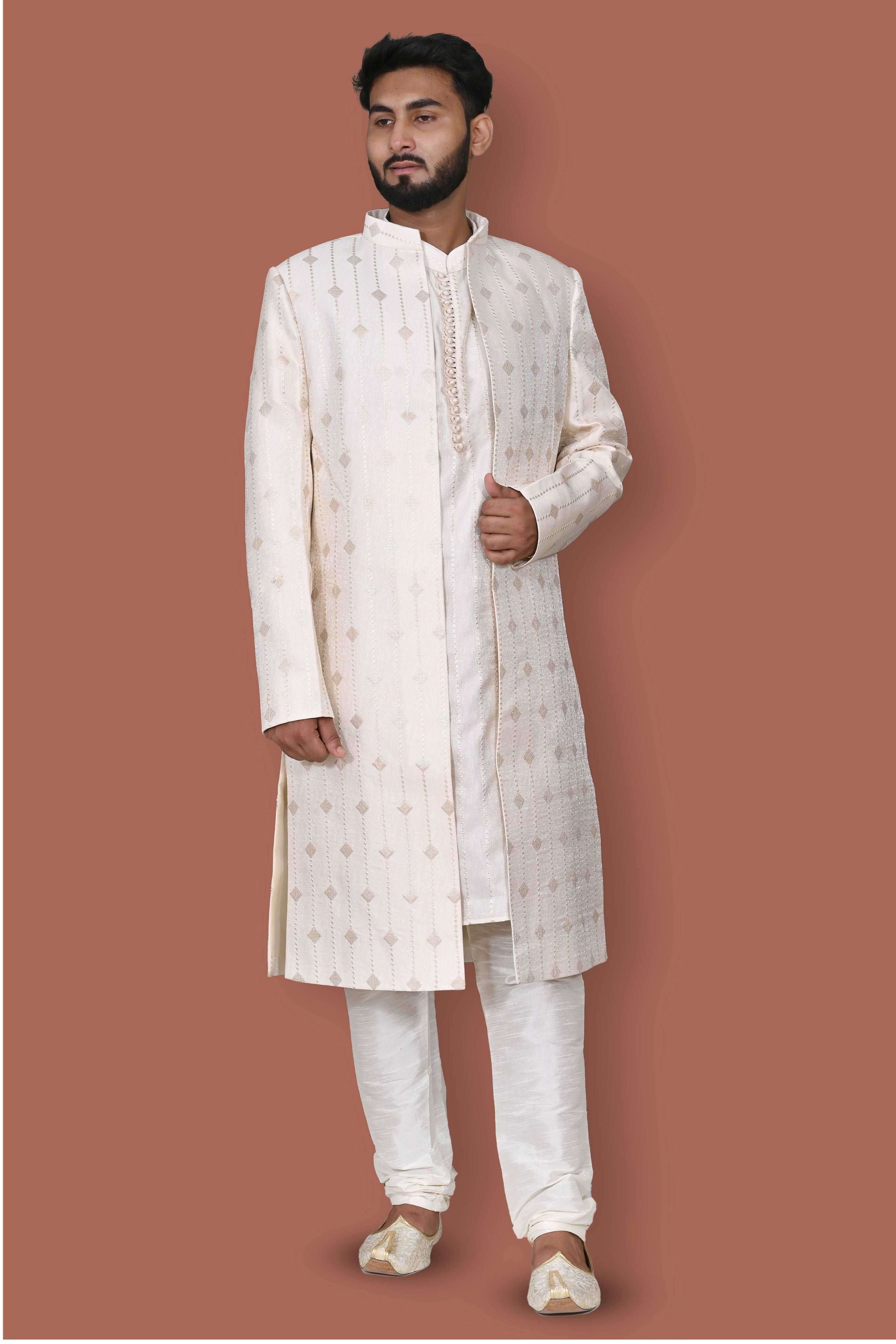 Cream Geometric Patterned Achkan Style Sherwani Set