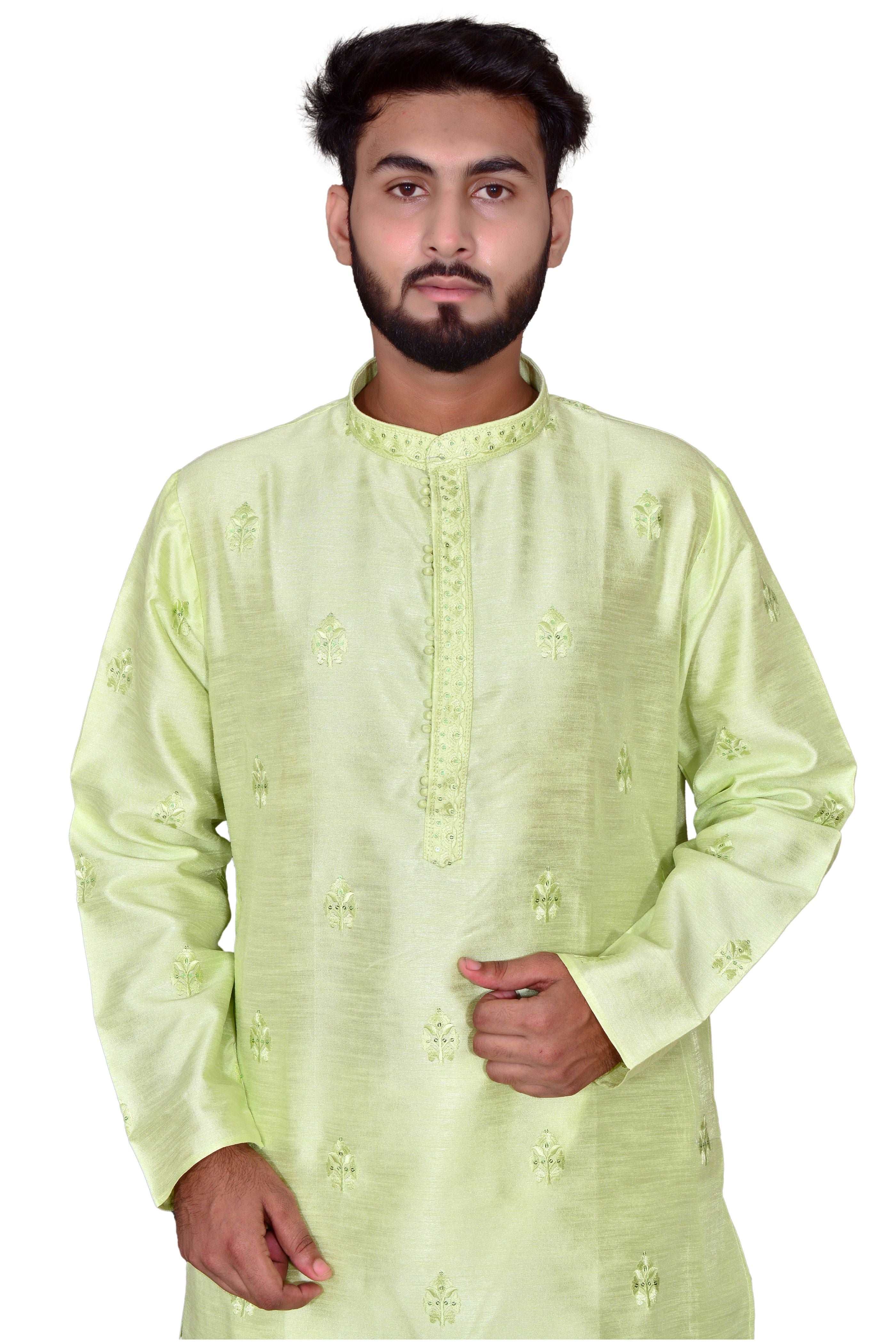 Light Green Sequence Handwork Thread Mens Kurta & Pants Set