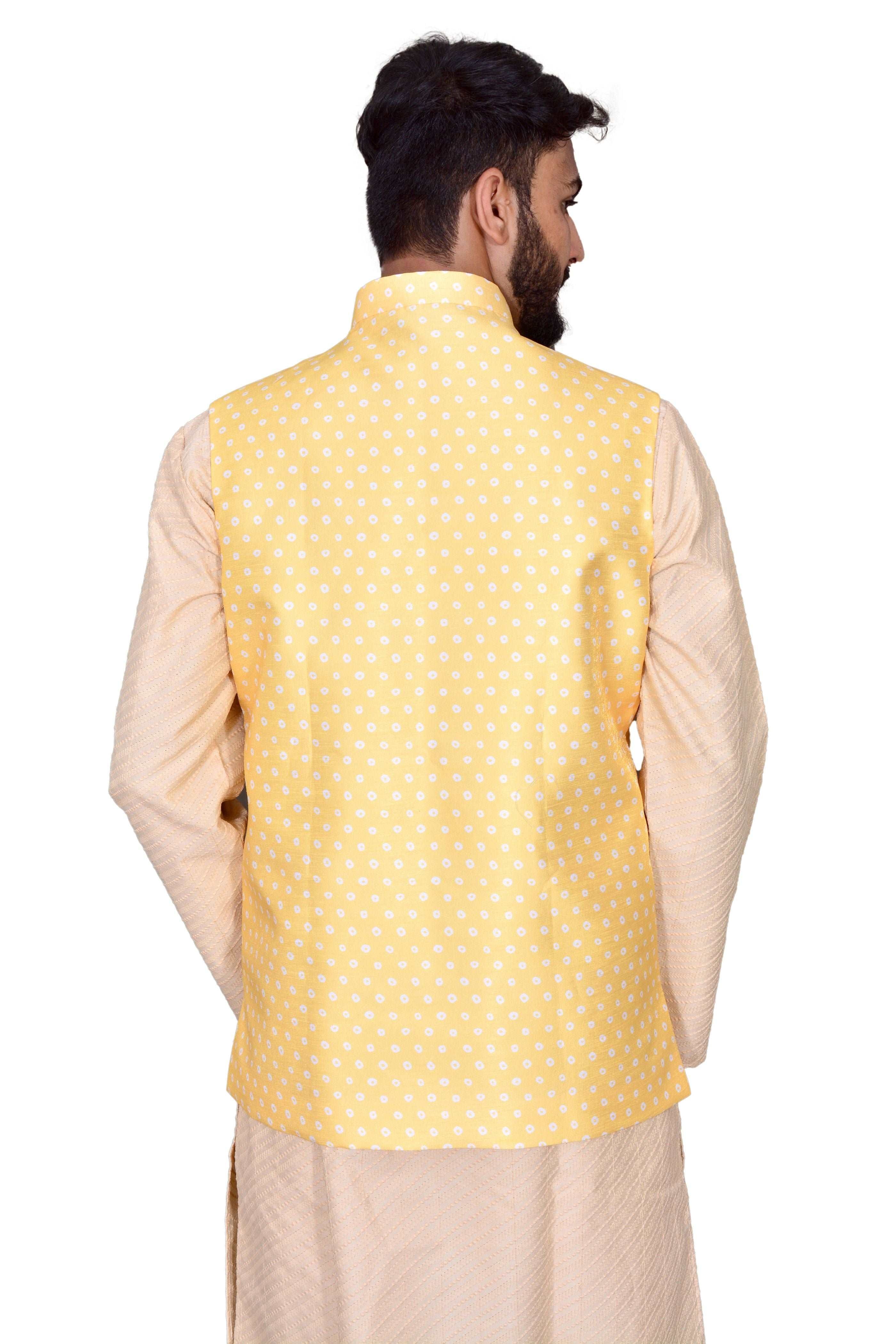 Mens Yellow Bhandej Silk Lightweight  Nehru Jacket