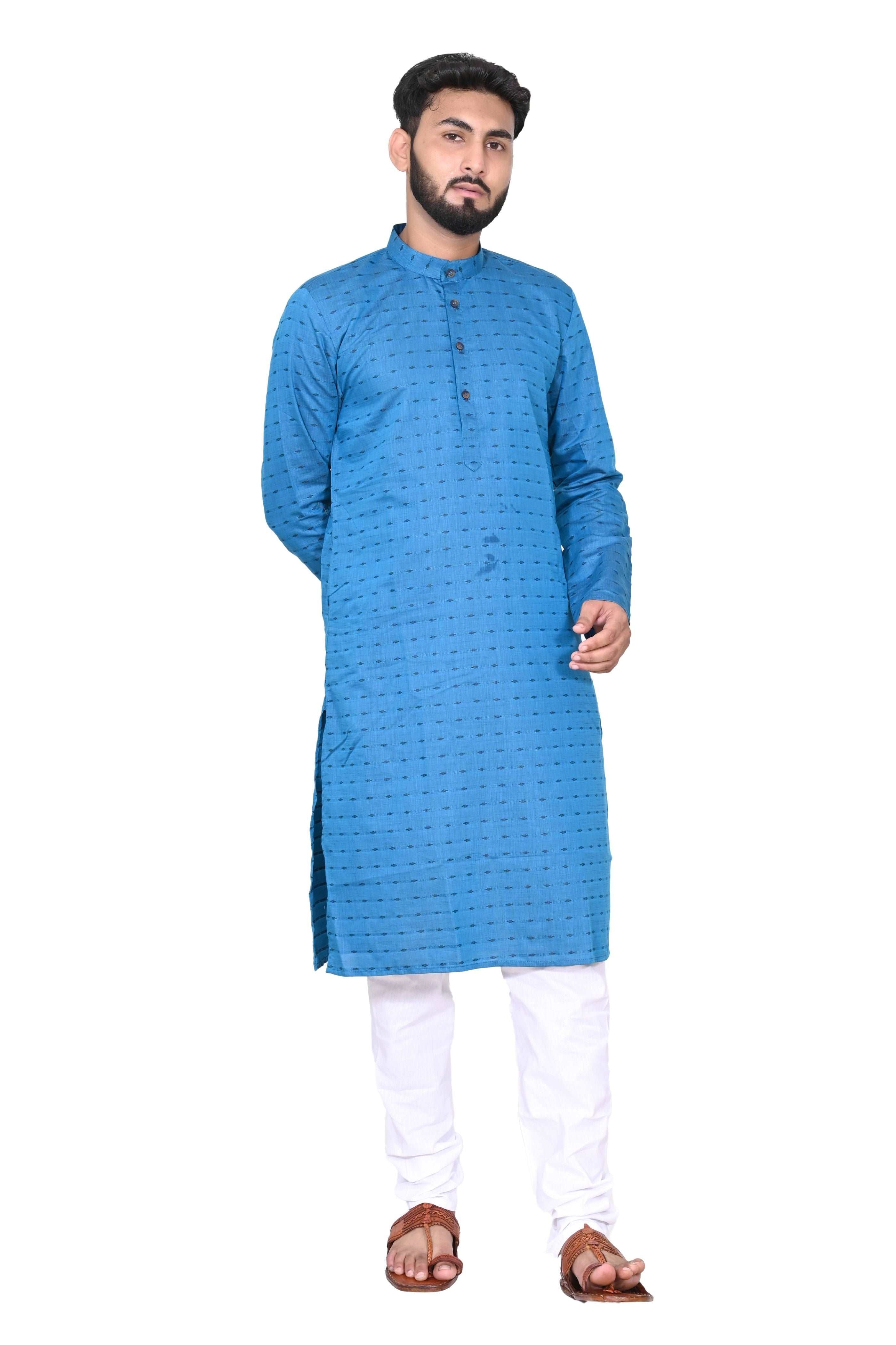 Blue Men's Cotton Linen Kurta & White Churidar Pyjama Set