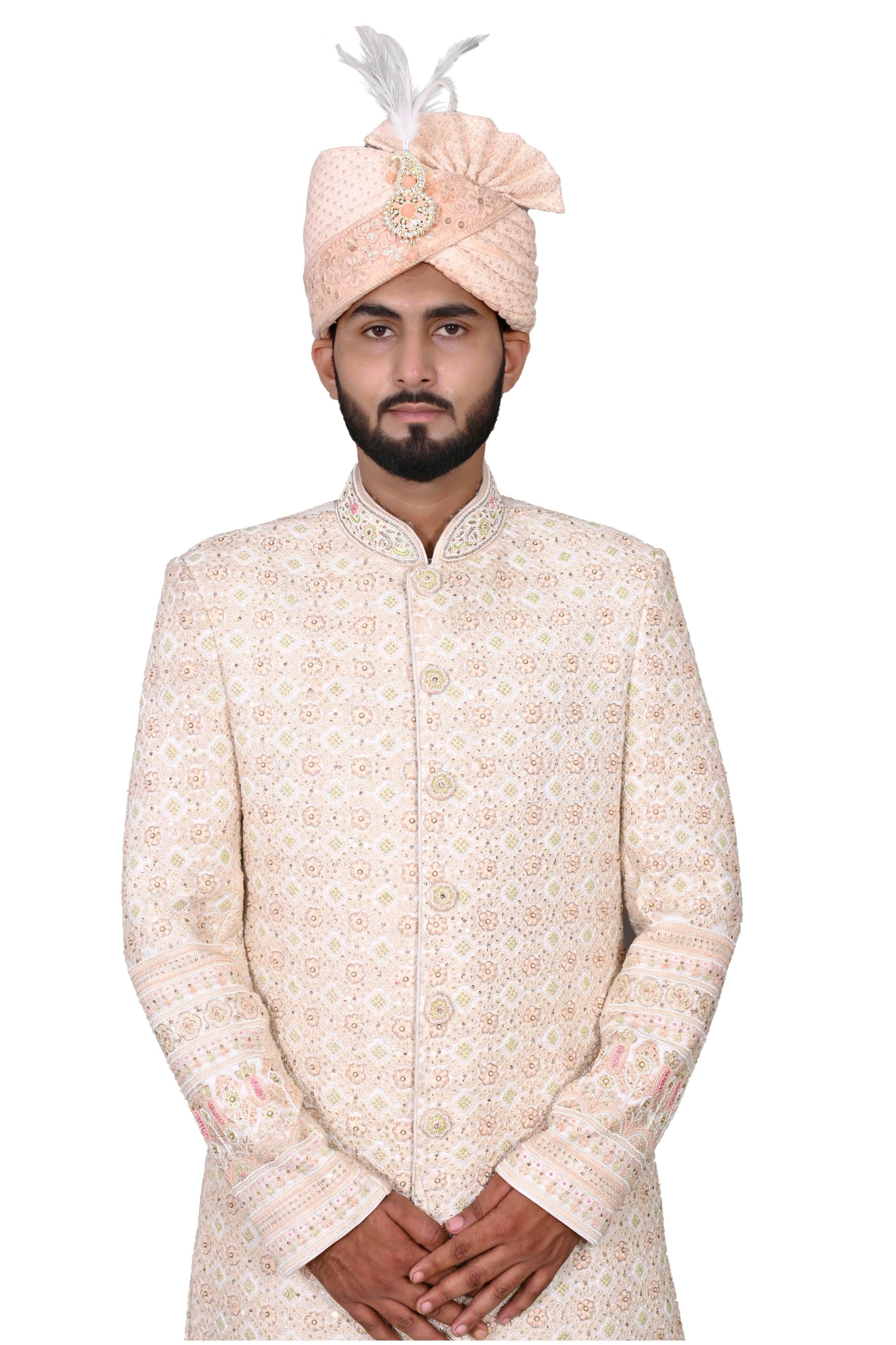Off White Majestic Embroidered Men's Handwork Sherwani With Churidar Pyjama Set