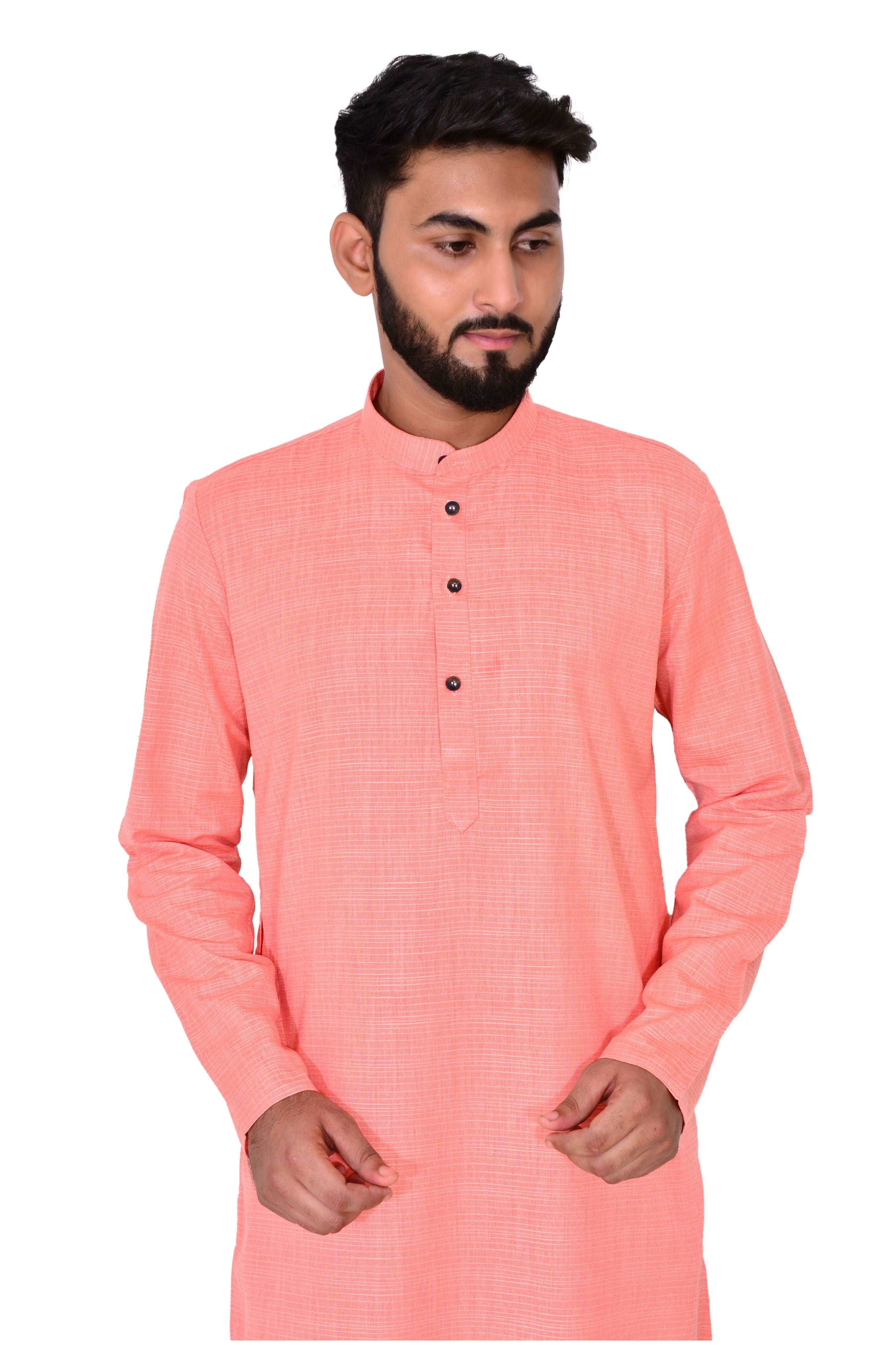Plain Self Print Lenin Kurta Beige White Bottom