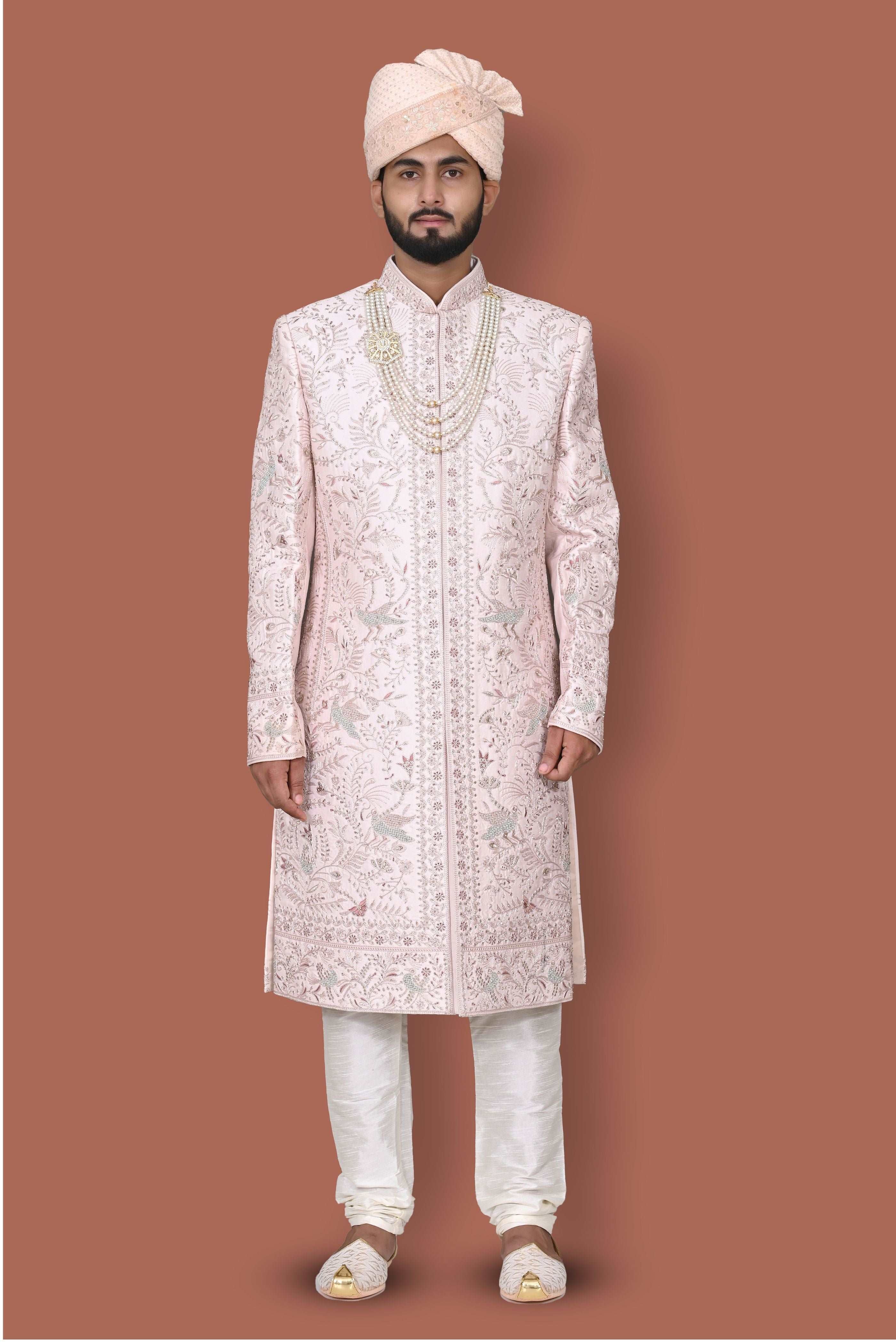 Light Rose Gold Pink Sherwani With Handwork And Zari Embroidery