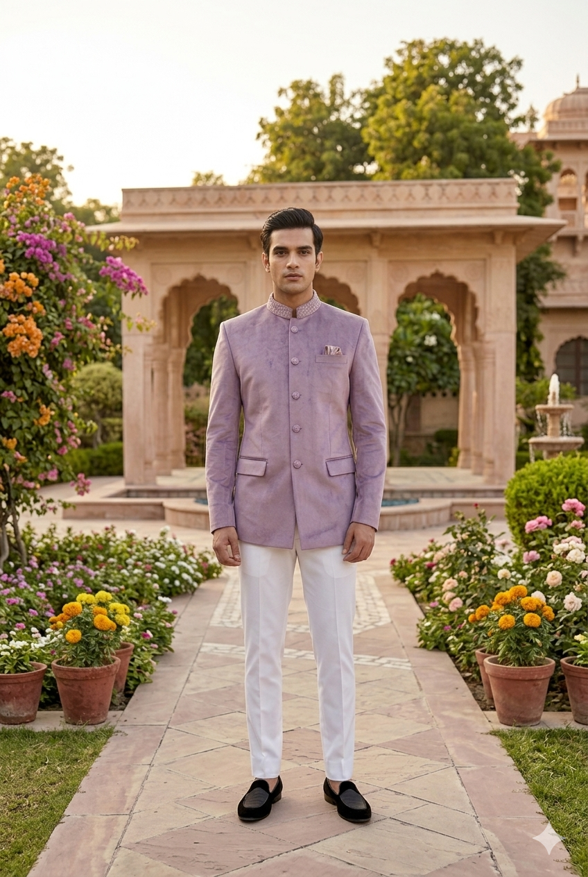 Handmade Lavender Suede Jodhpuri Suit for Men | Luxury Wedding Bandgala Jacket | Designer Indo-Western Groom Wear | Bespoke Lavender Blazer