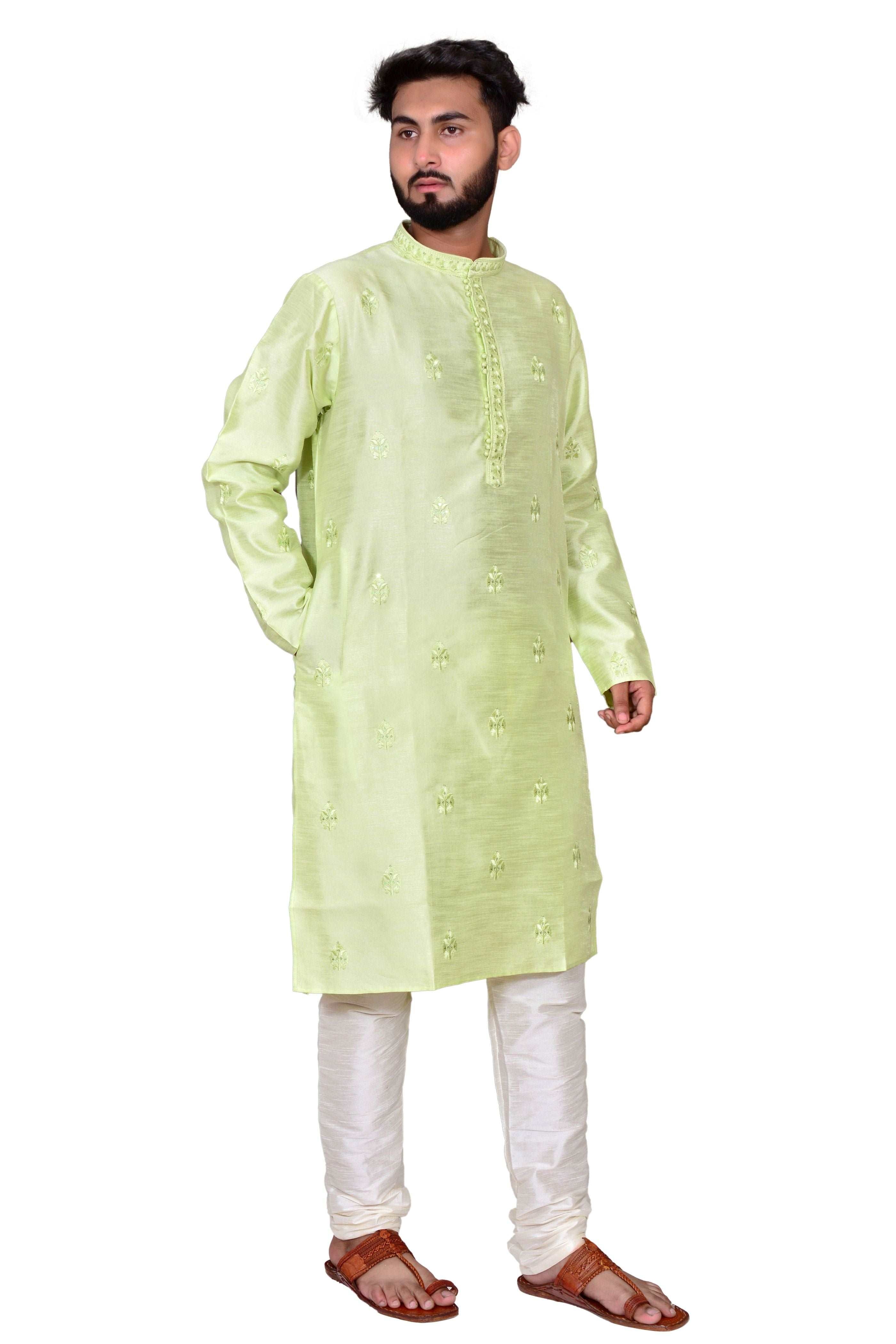 Light Green Sequence Handwork Thread Mens Kurta & Pants Set