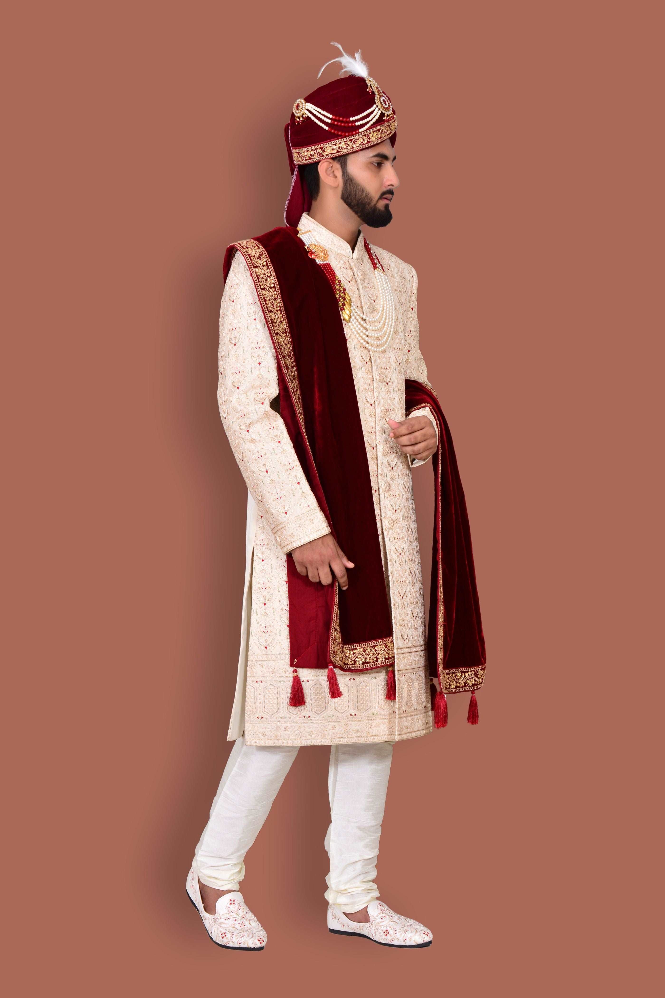 Cream Men's Handwork Sherwani With Churidar Pyjama Set