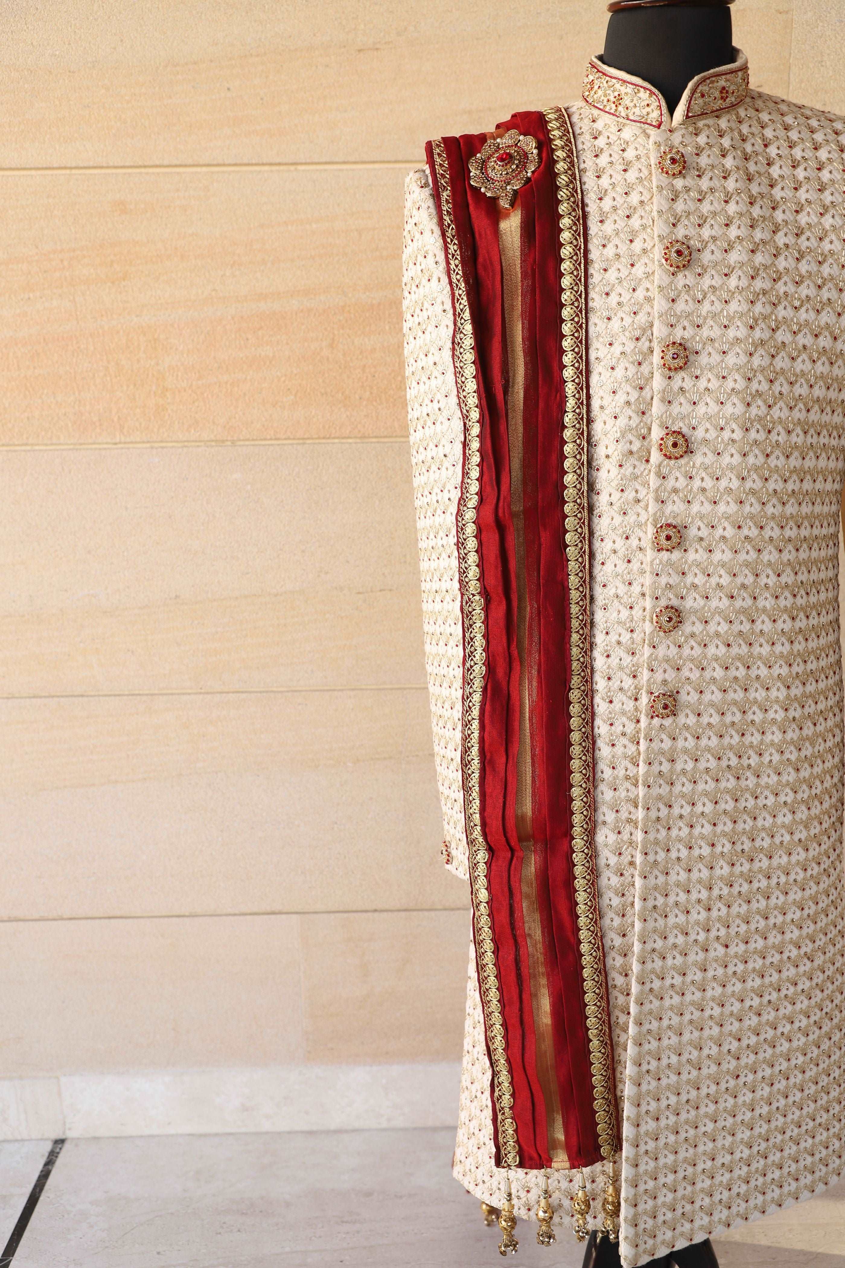 Red Golden With Broach Handwork Stole