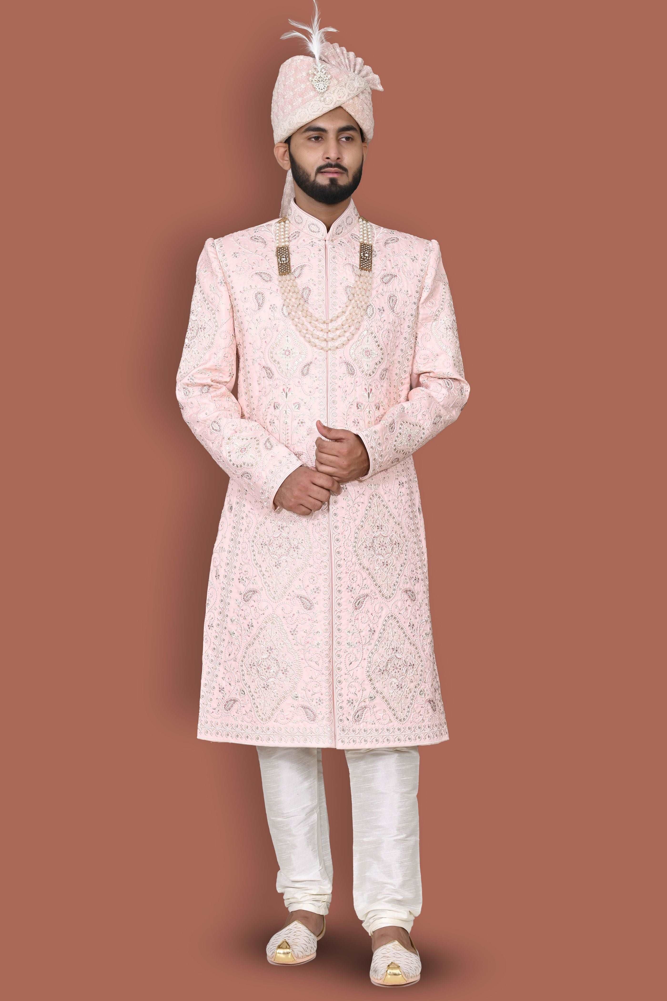 Light Pink Sherwani With Handwork And Zari Embroidery
