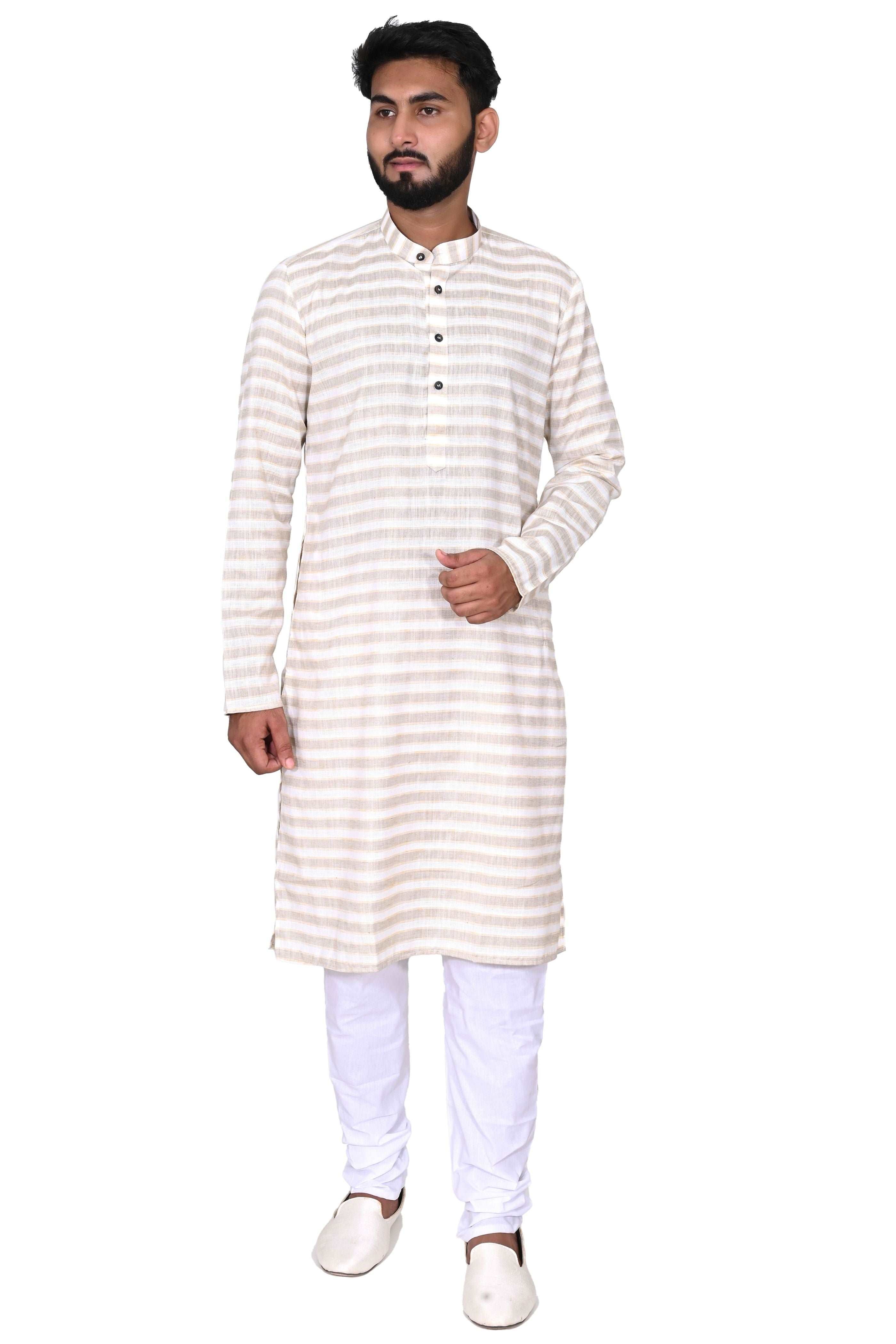 Men's Cotton Linen Kurta & White Churidar Pyjama Set