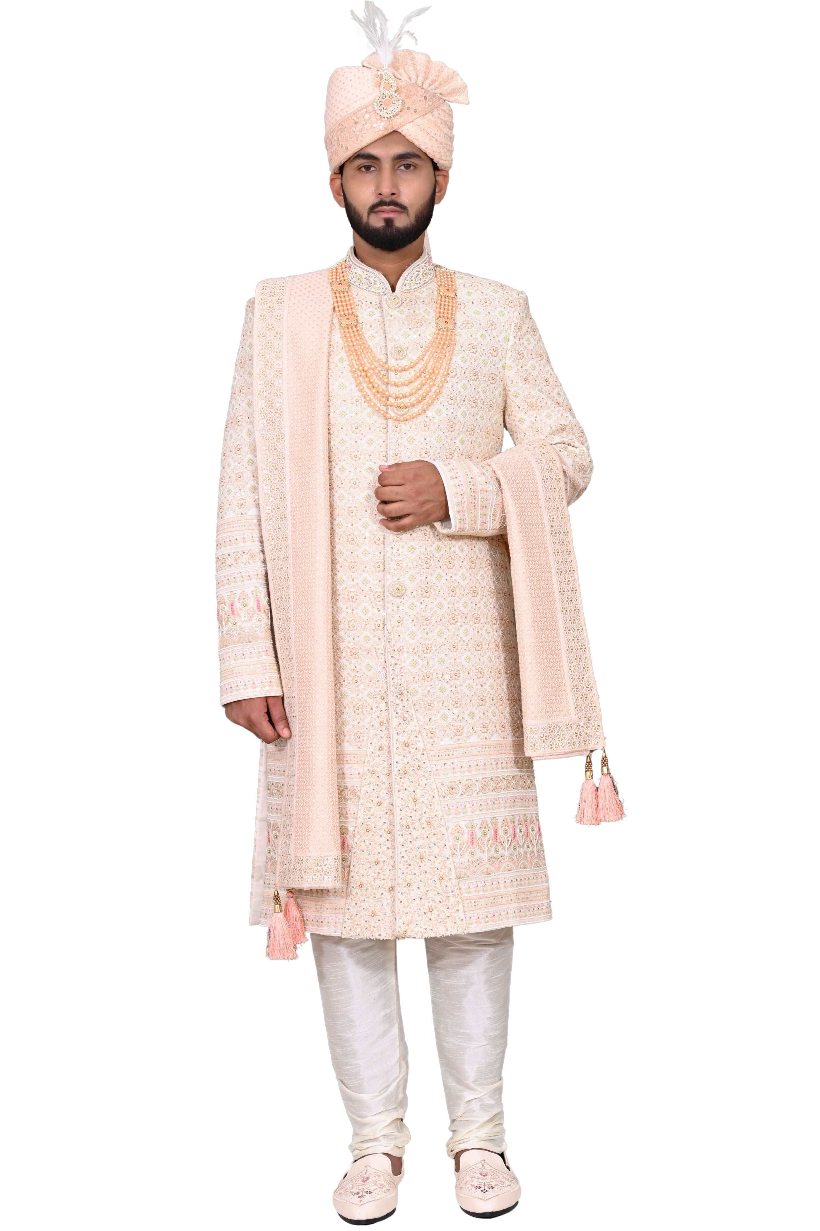Off White Majestic Embroidered Men's Handwork Sherwani With Churidar Pyjama Set