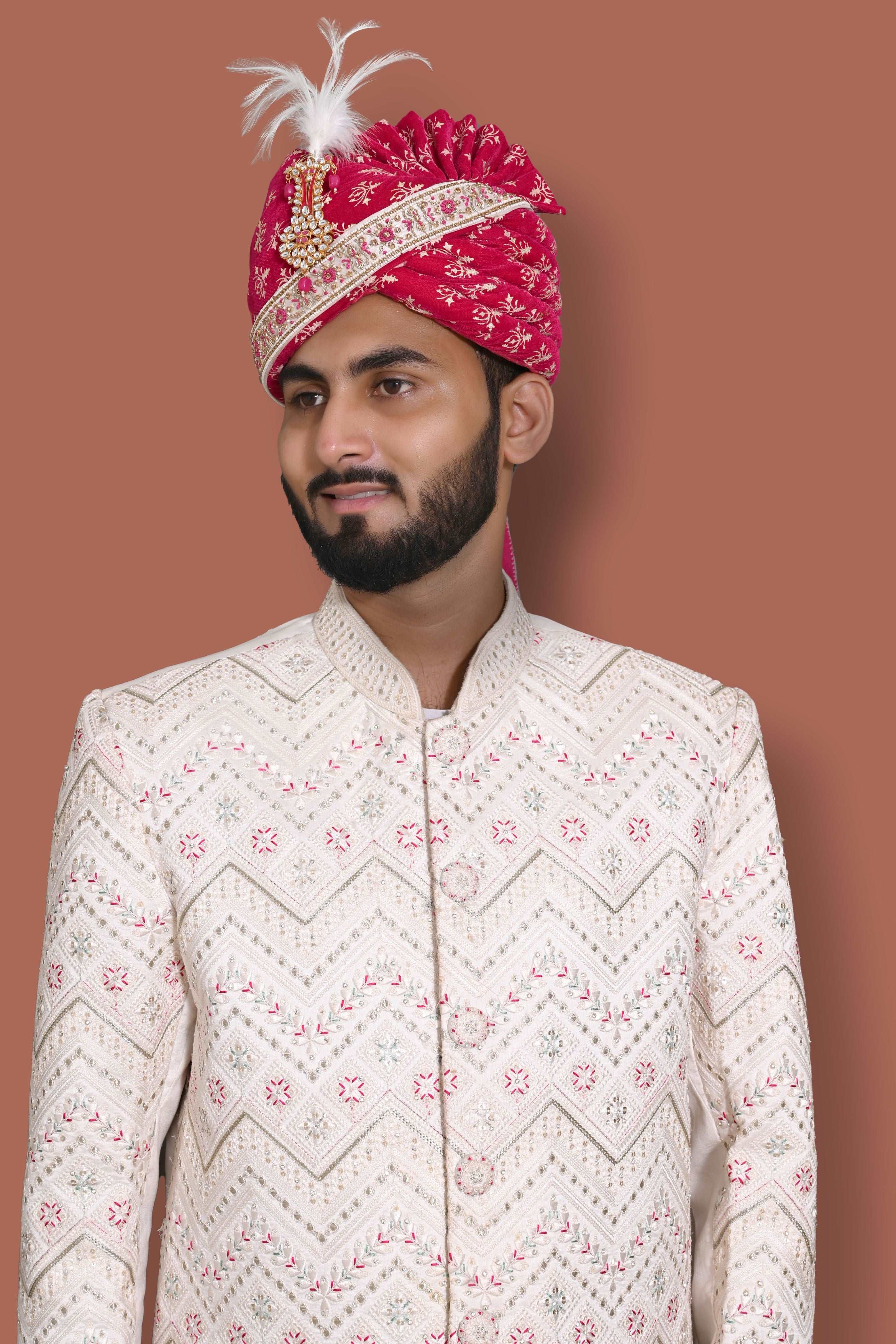 Regal Cream Set With Rani Embroidery Sherwani For Men