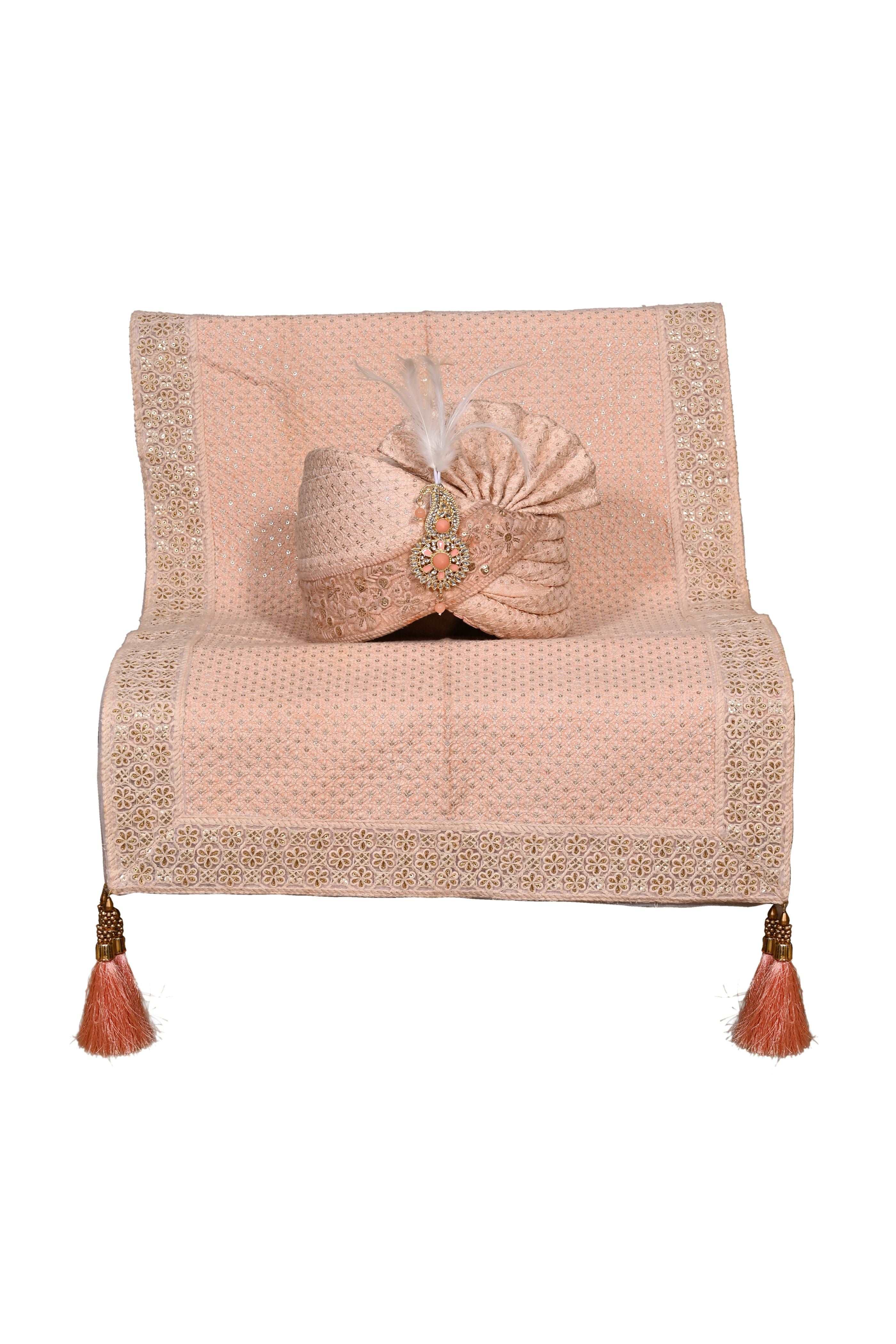 Peach Chikankari Stitched Handwork Border Safa/turban/pagri/pheta   Pheta (Turban Safa) And Dupatta  For Men For Wedding/marriage And Traditional Function