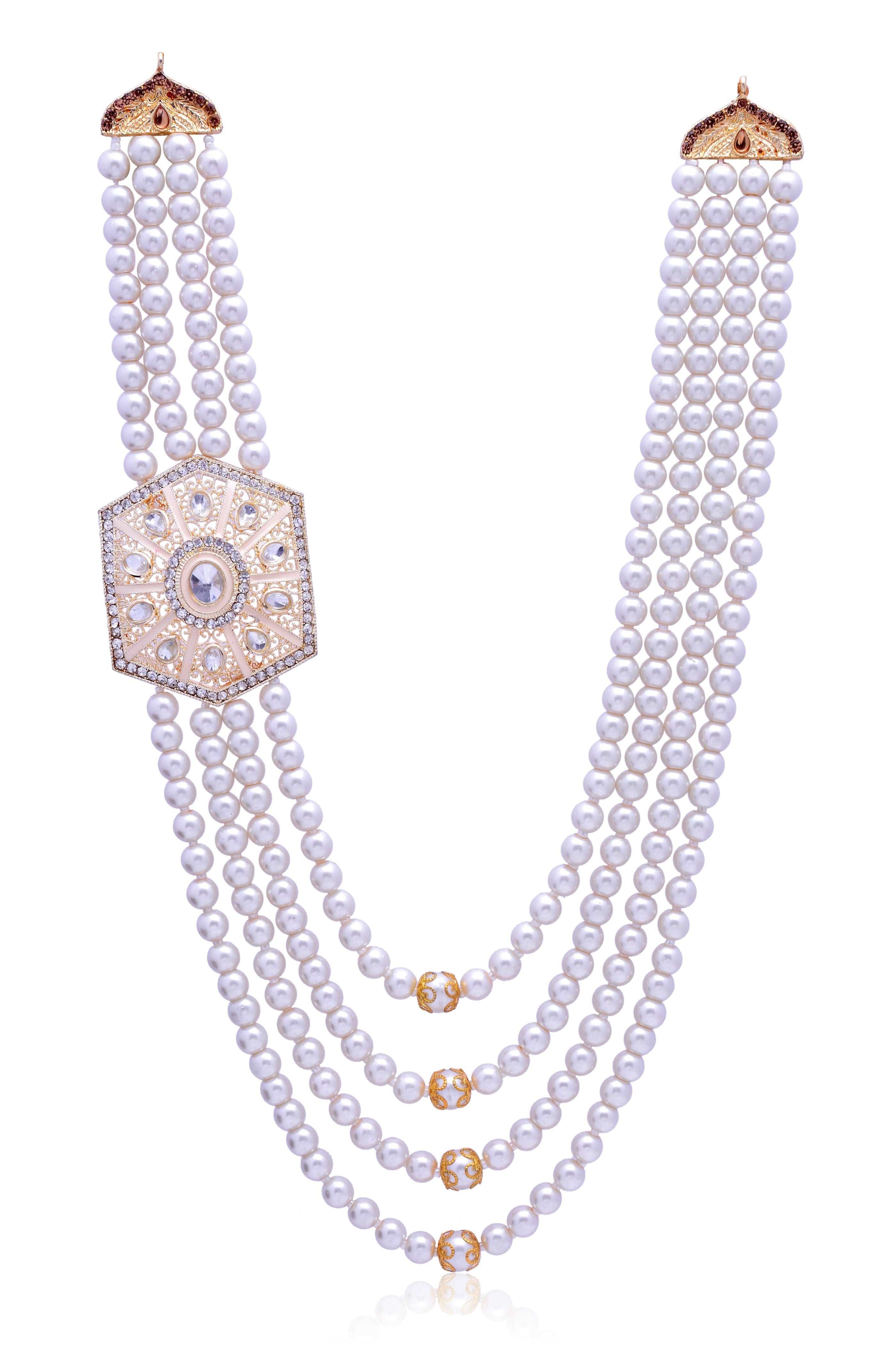 Men's Pearls And Golden Broach Mala Necklace For Ethnic Look