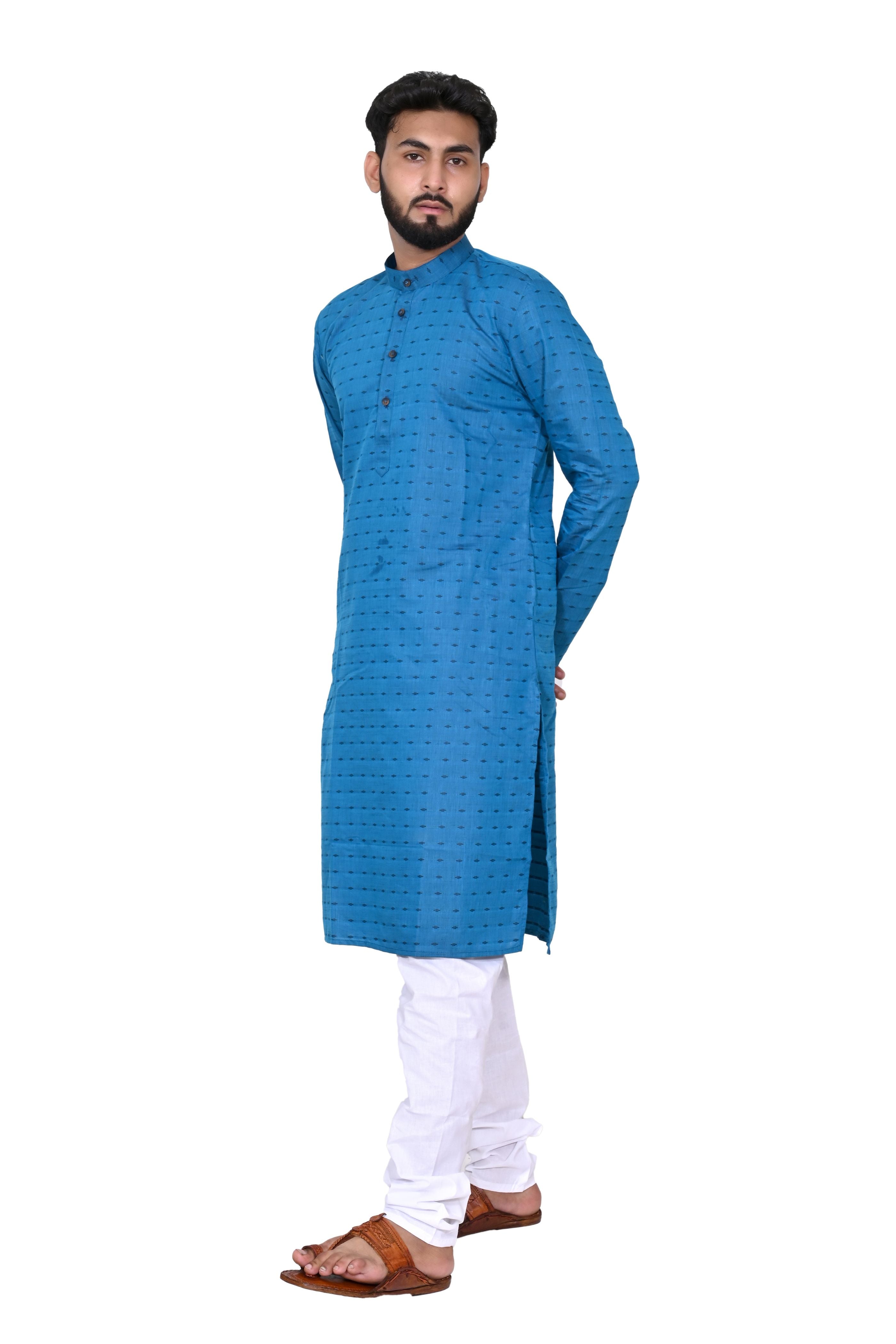 Blue Men's Cotton Linen Kurta & White Churidar Pyjama Set