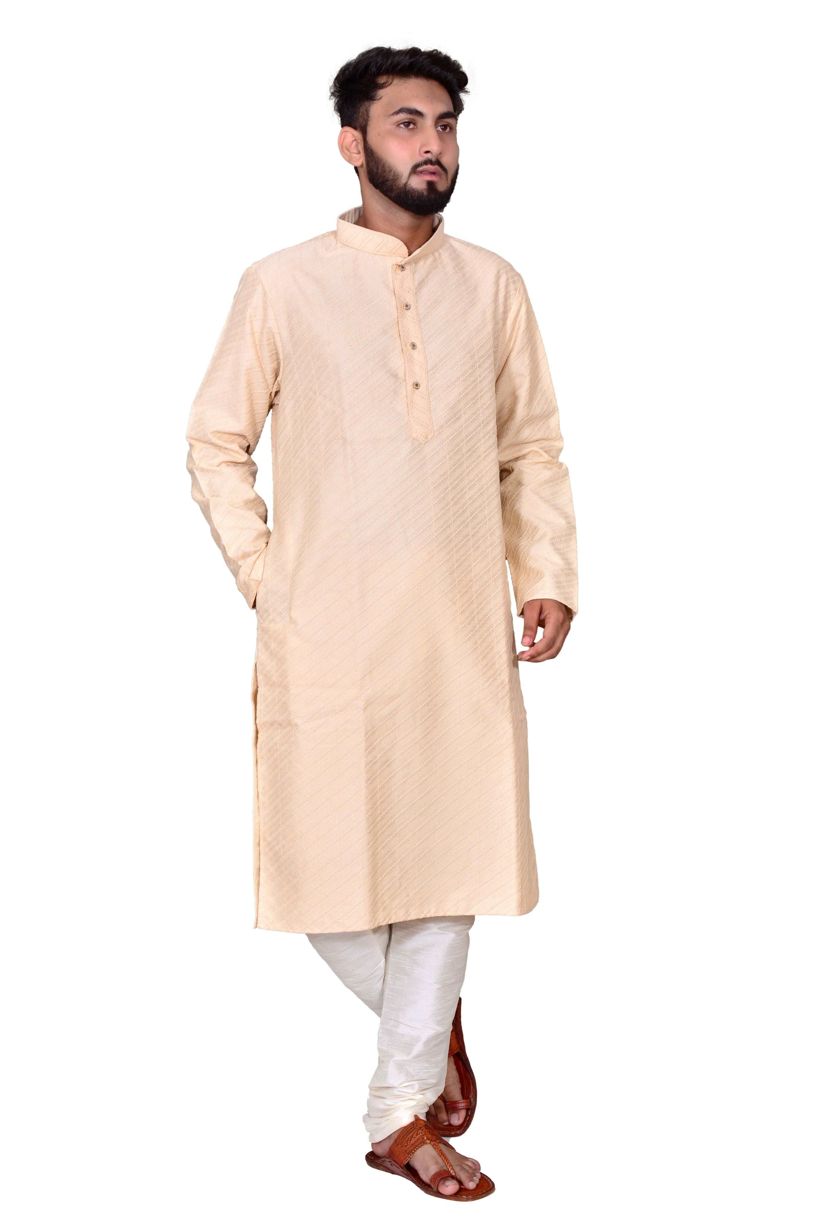 Men's Cotton  Kurta & White Churidar Pyjama Set