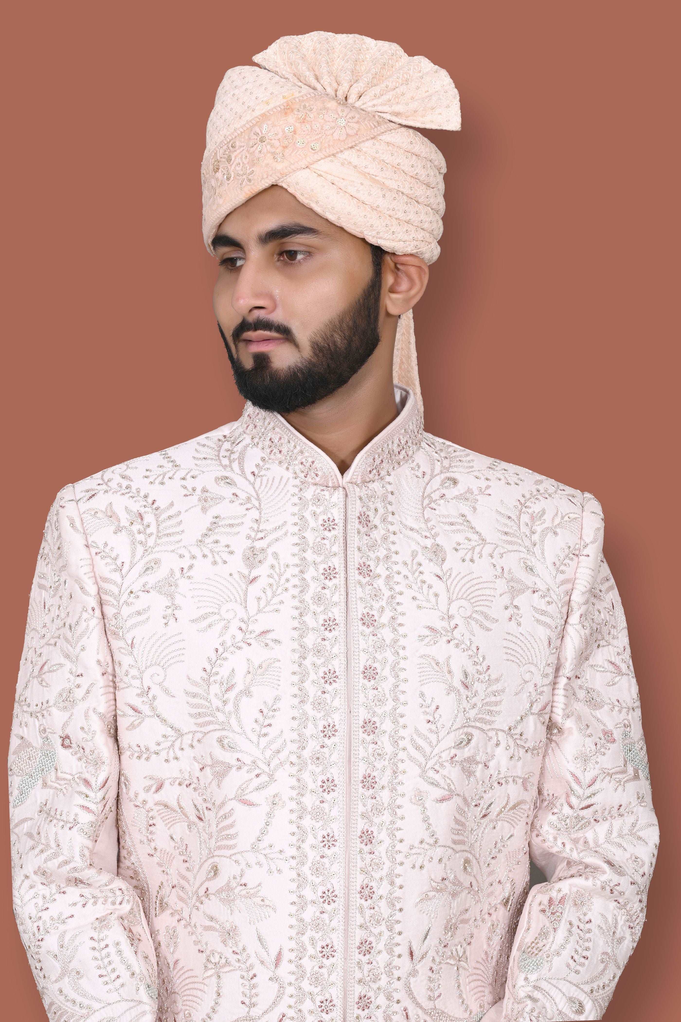 Light Rose Gold Pink Sherwani With Handwork And Zari Embroidery