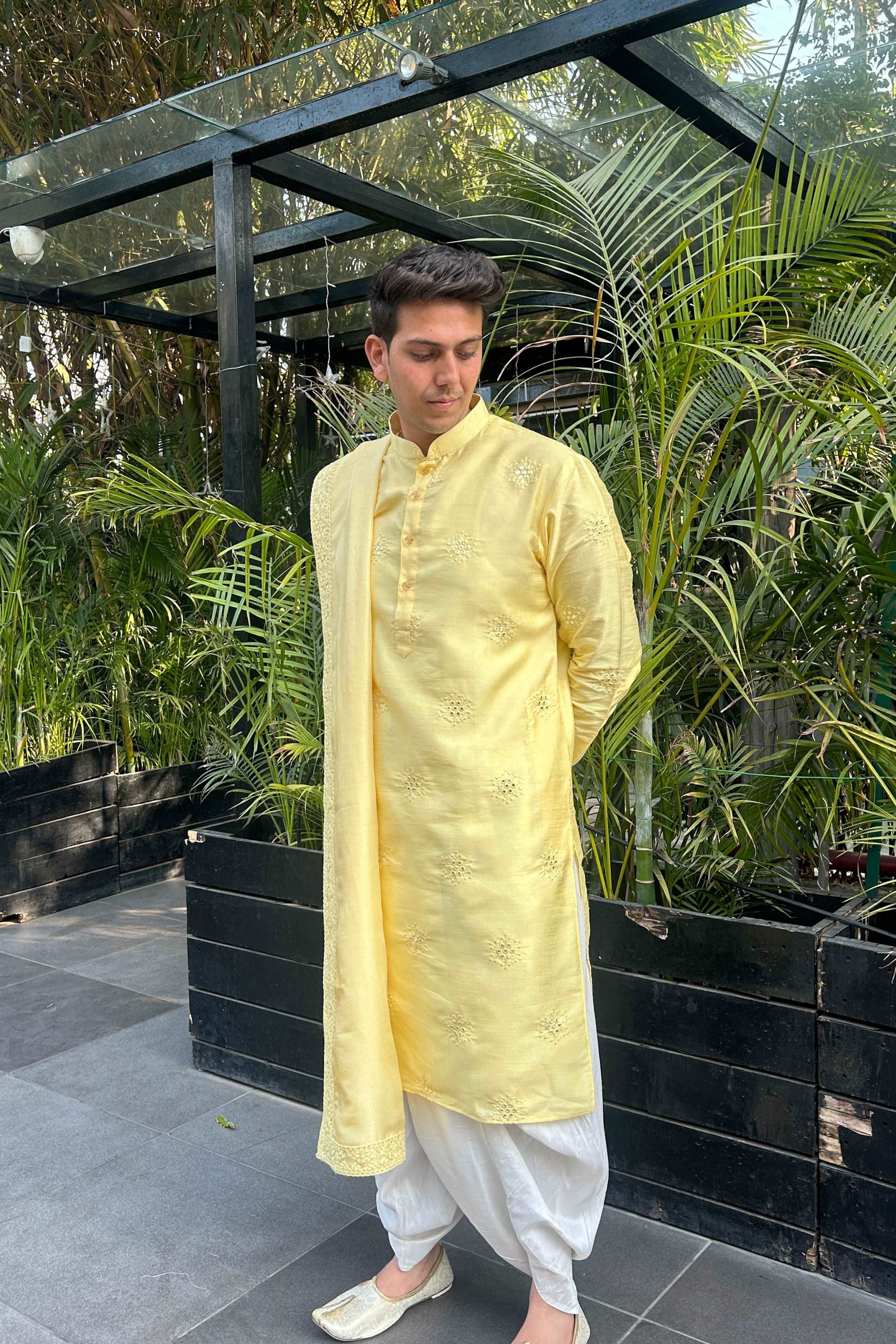 Men's Handwork Silk Mirror Kurta & Dhoti & Dupatta Churidar Pyjama Set